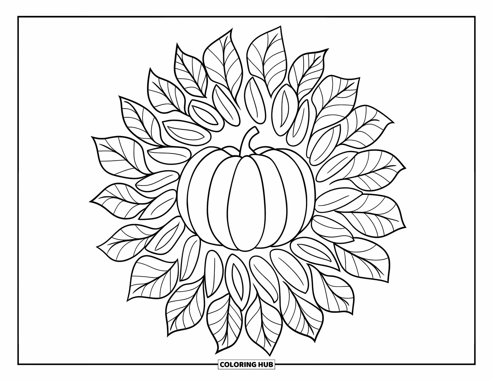 Fall Mandala Coloring Page for Kids: Stylized gourd in the center with radiating layers of fall leaves