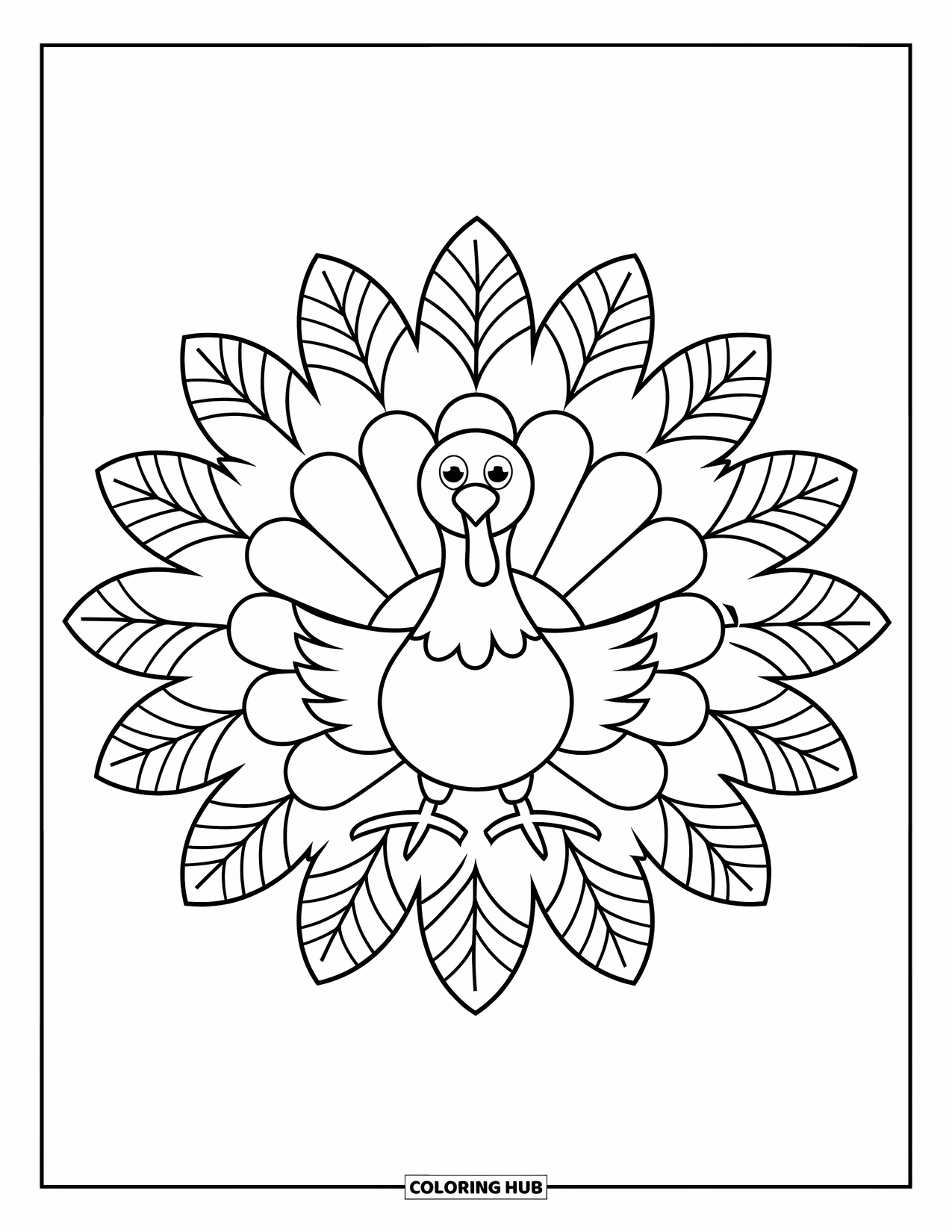 Fall Mandala Coloring Page for Kids: Stylized turkey with feather and leaf mandala layers