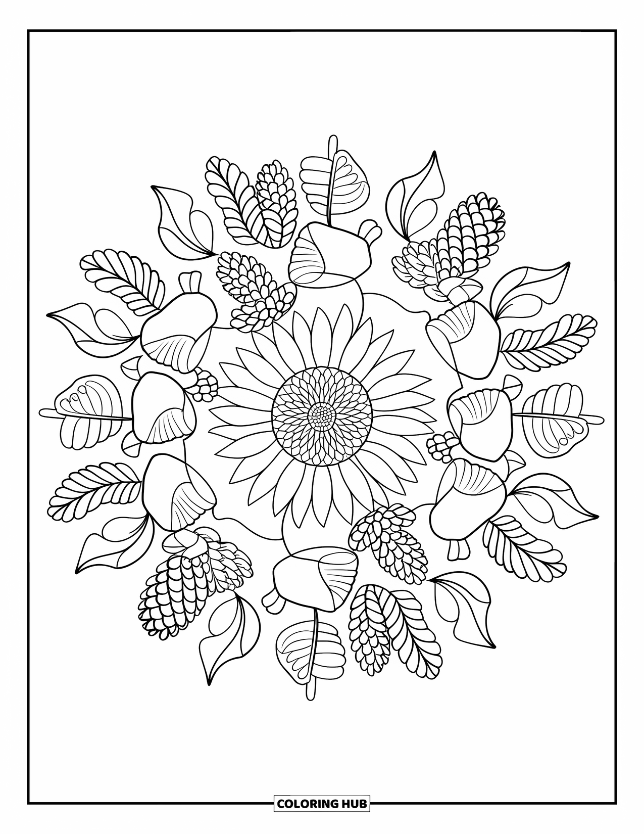 Fall Mandala Coloring Page for Kids: Sunflower framed by fall elements in symmetrical mandala circles