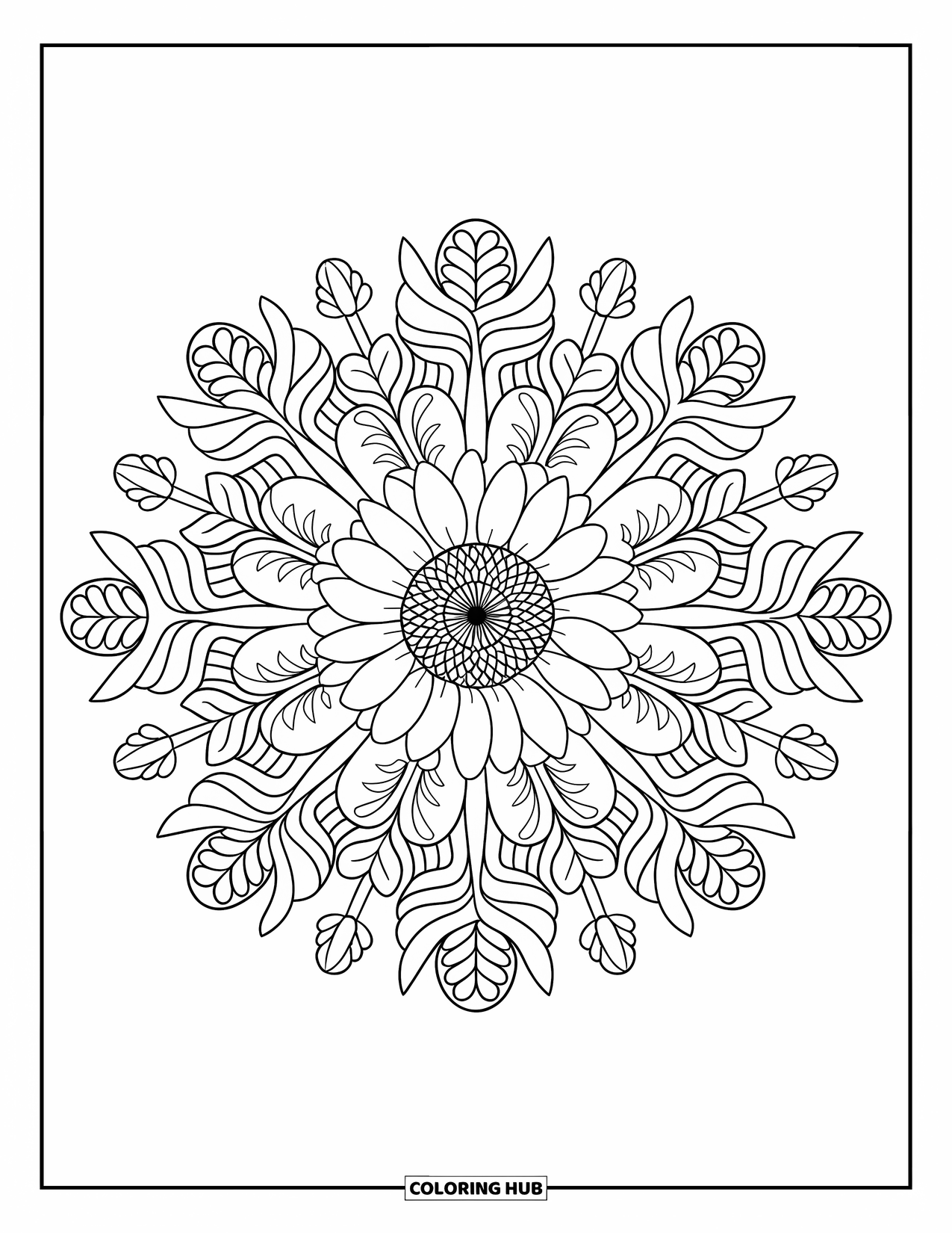 Fall Mandala Coloring Page for Kids: Sunflower in center with mandala layers of mushrooms, leaves, and pinecones