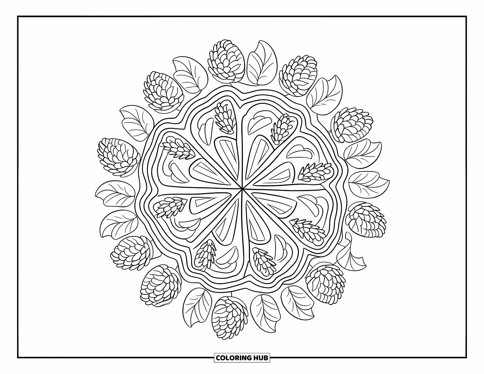 Fall Mandala Coloring Page for Kids: Tree stump design with circular layers of fall forest elements