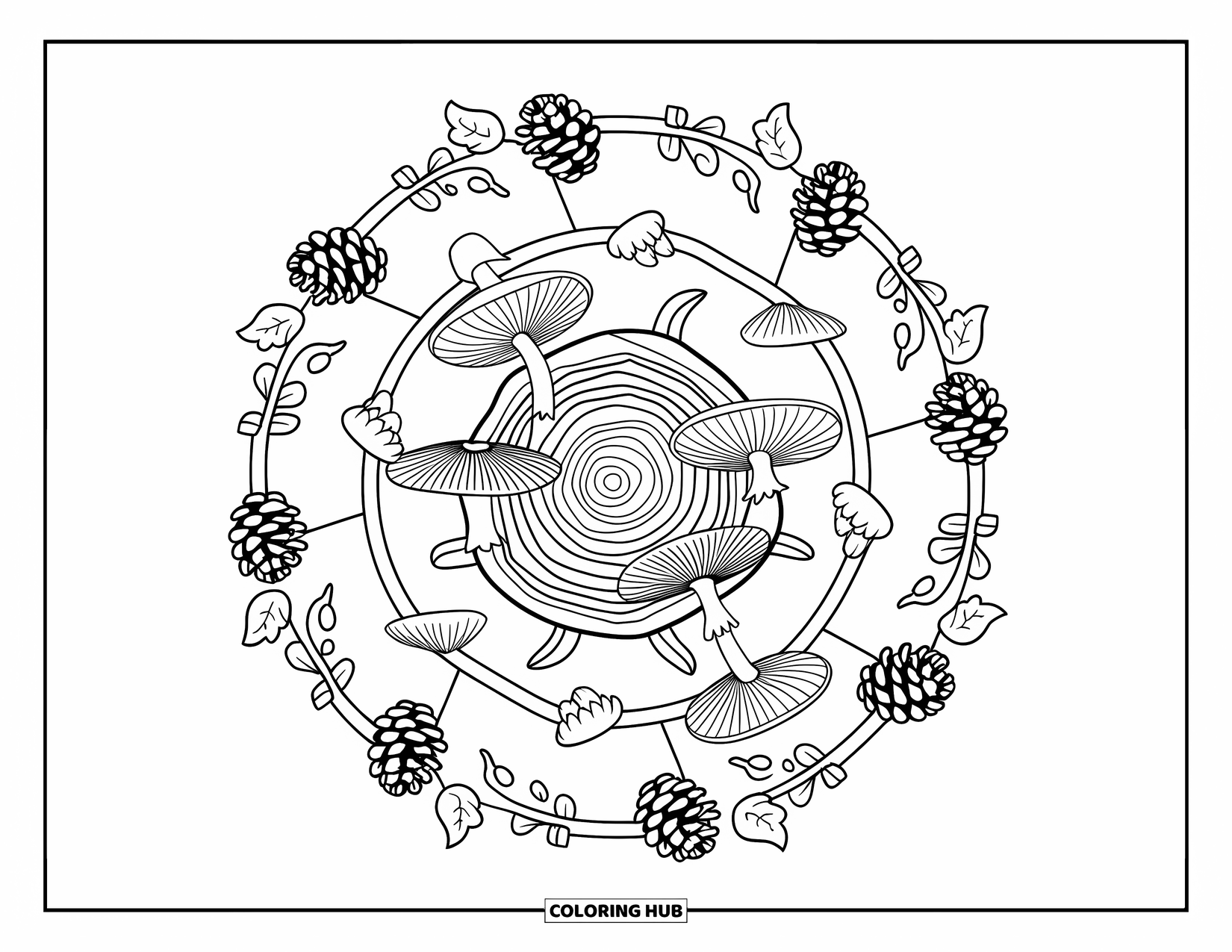 Fall Mandala Coloring Page for Kids: Tree stump in center with detailed rings of mushrooms and pinecones