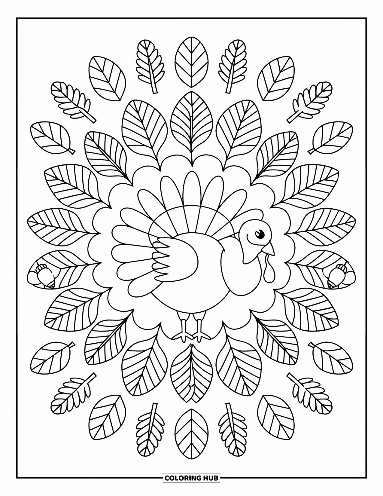 Fall Mandala Coloring Page for Kids: Turkey body filled with feather, leaf, and acorn mandala rings