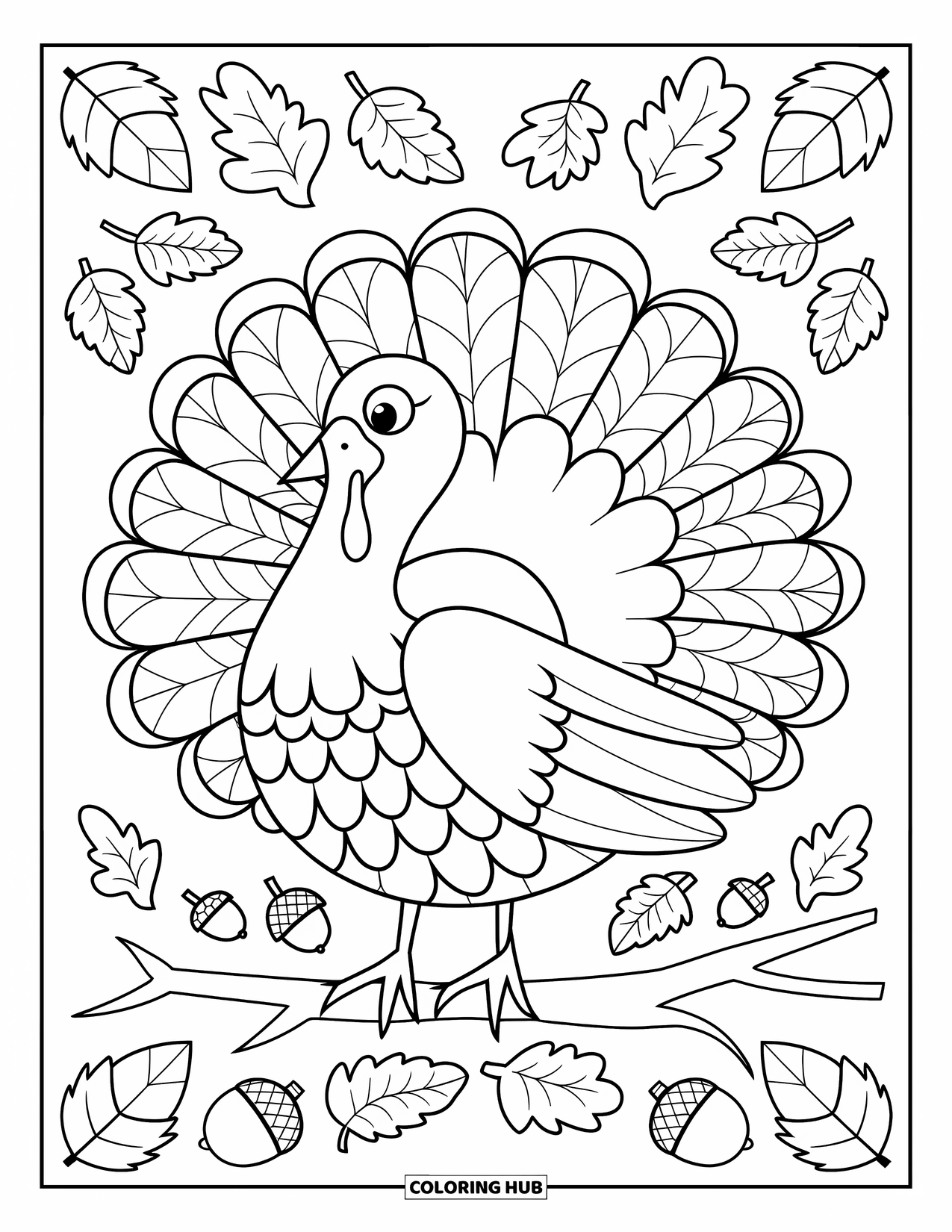 Fall Mandala Coloring Page for Kids: Turkey perched in mandala layers of leaves and feathers