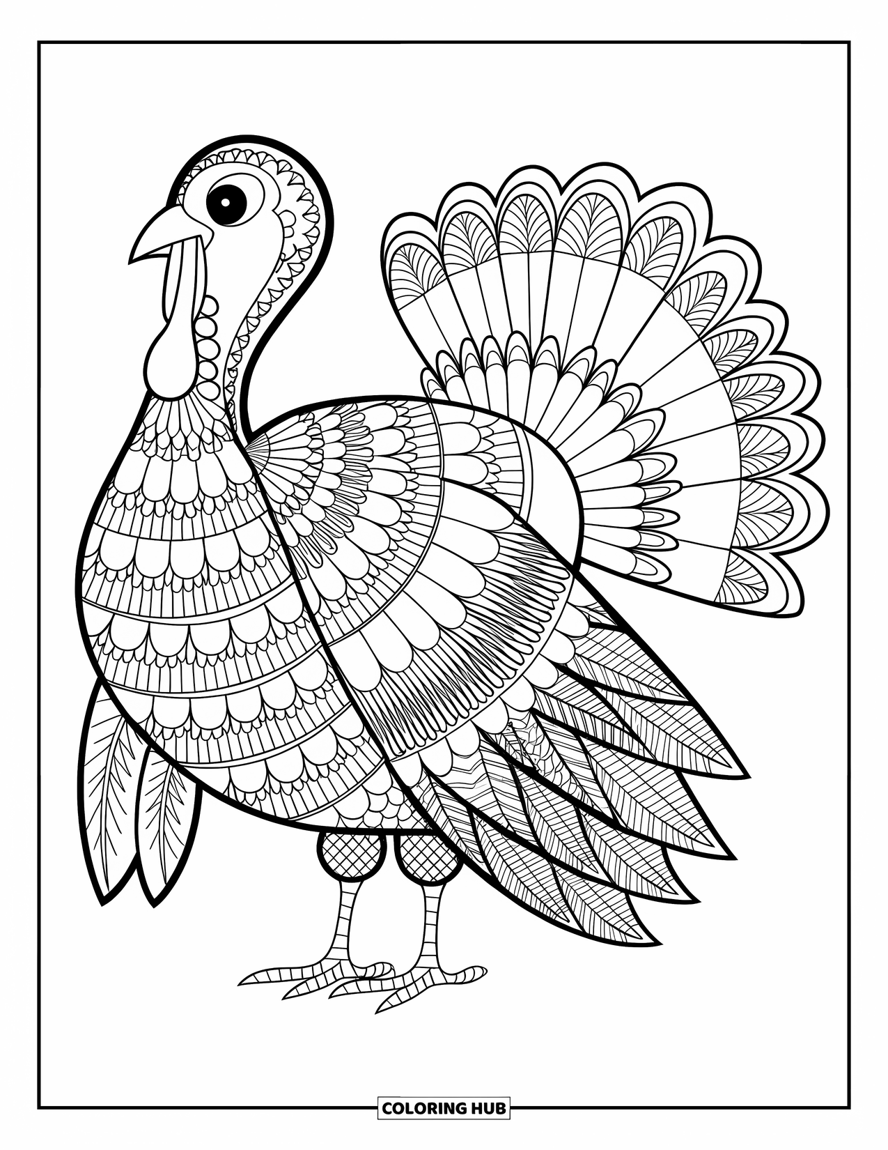 Fall Mandala Coloring Page for Kids: Turkey surrounded by full-page feather and acorn mandala patterns