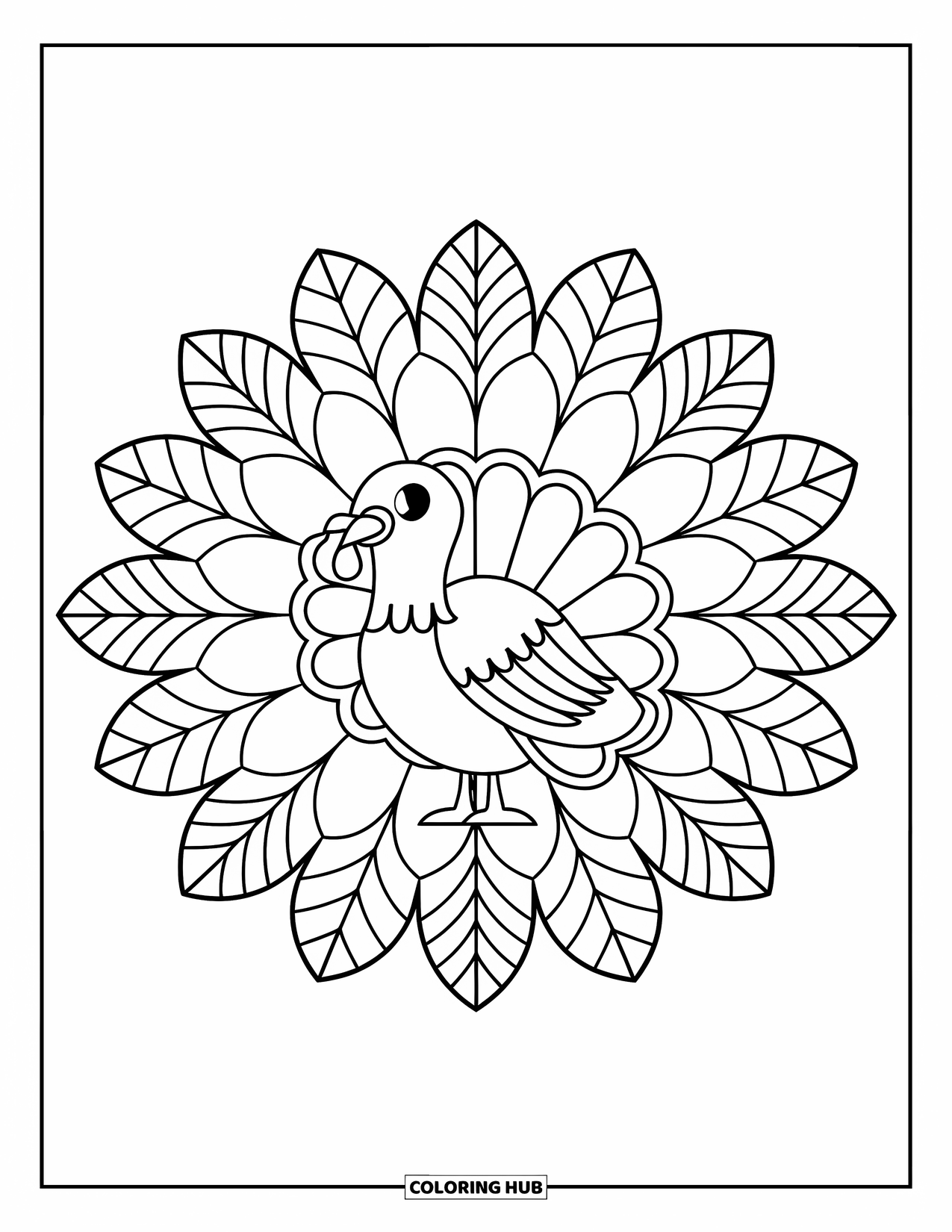 Fall Mandala Coloring Page for Kids: Turkey with radiating mandala layers of feathers and leaves