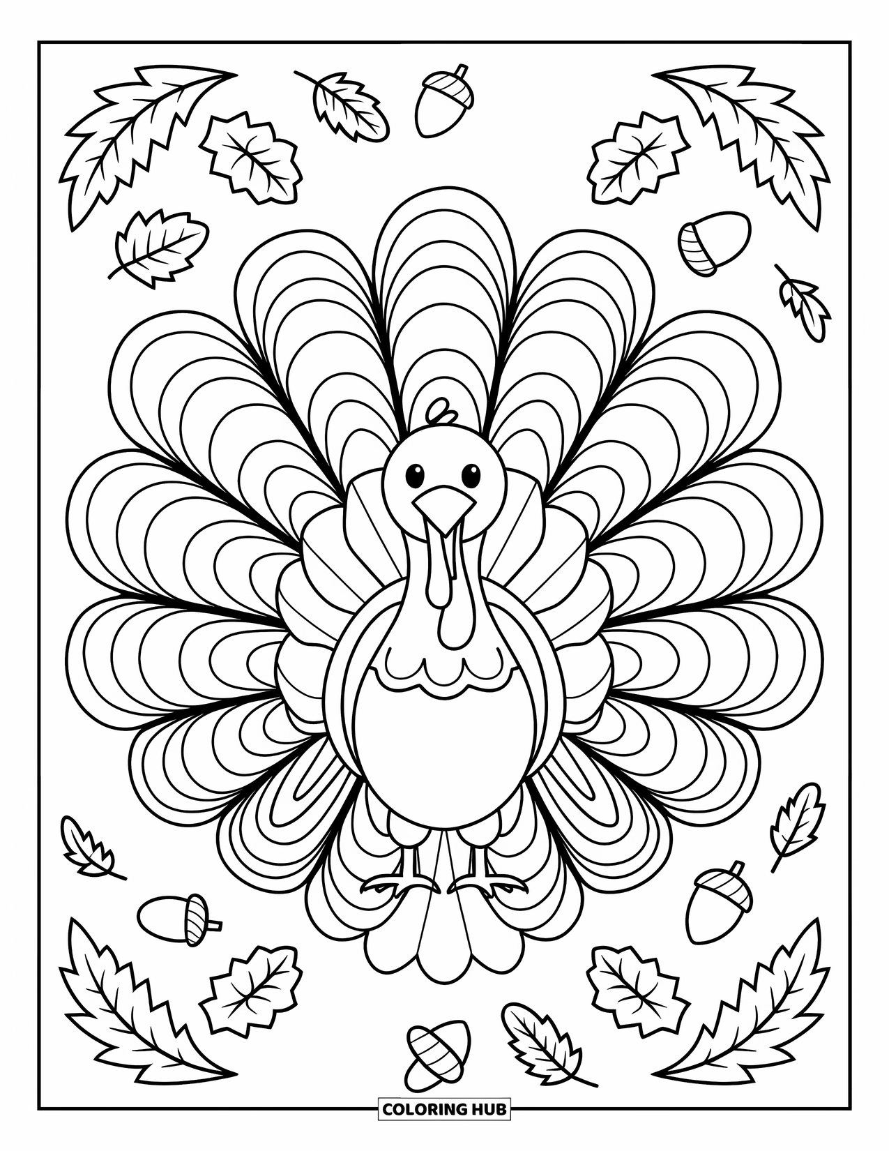 Fall Mandala Coloring Page for Kids: Turkey with ribbon surrounded by acorns, feathers, and fall leaves
