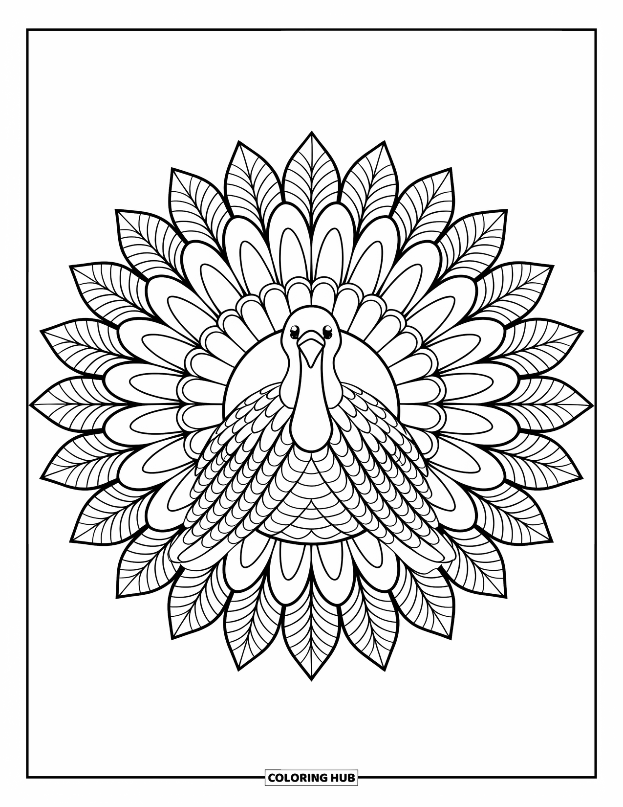 Fall Mandala Coloring Page for Kids: Turkey with wing details framed by feather and leaf mandala rings