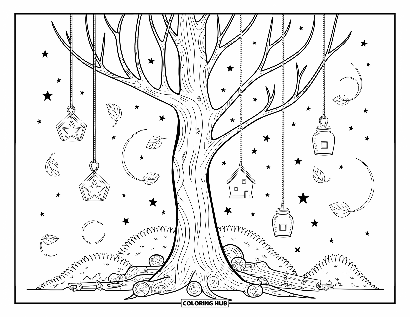 Fall Tree Coloring Page for Adults: A dreamy tree glows with hanging lanterns, curled leaves, and a peeking moon