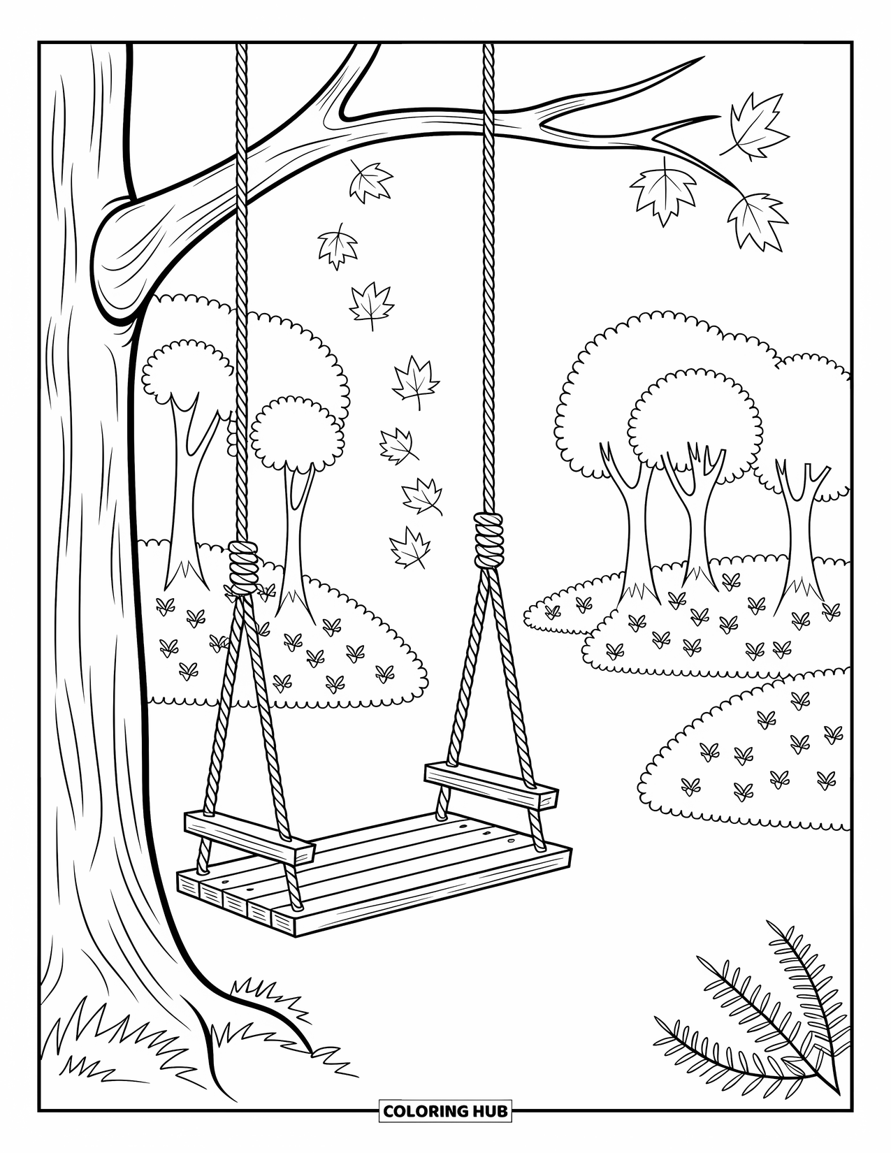 Fall Tree Coloring Page for Adults: A wooden swing hangs from a tall tree with swirling autumn leaves