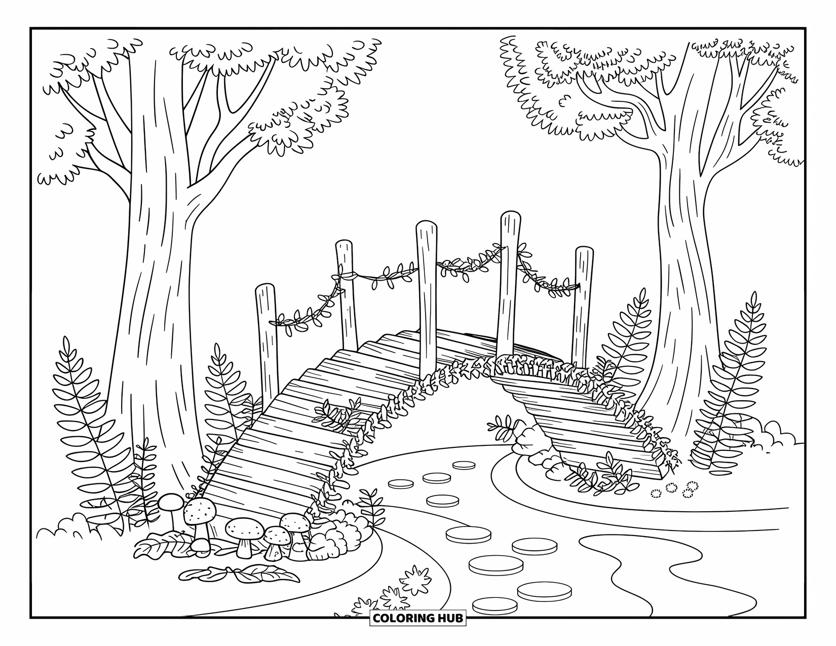 Fall Tree Coloring Page for Adults: Autumn trees frame a vine bridge with stepping stones and leafy forest details