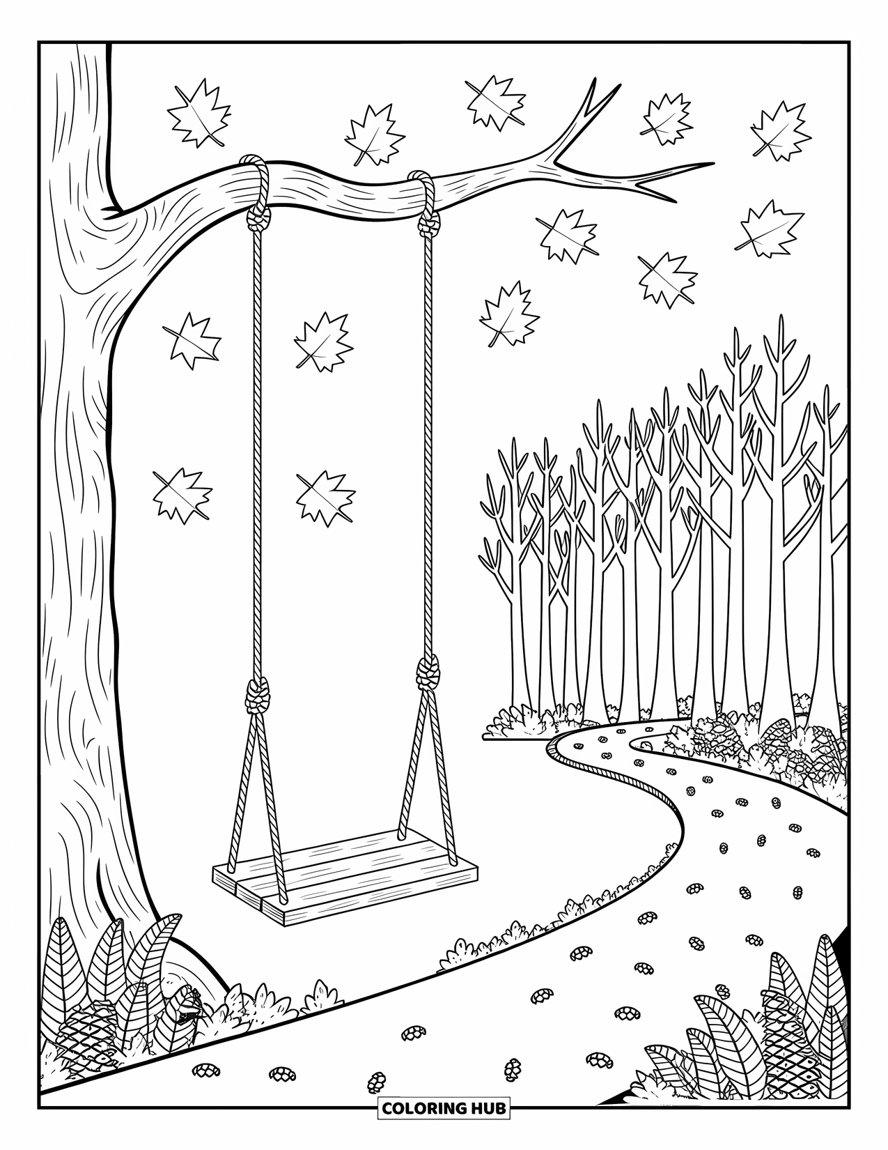 Fall Tree Coloring Page for Adults: Fall swing under a tall tree surrounded by forest paths and falling leaves