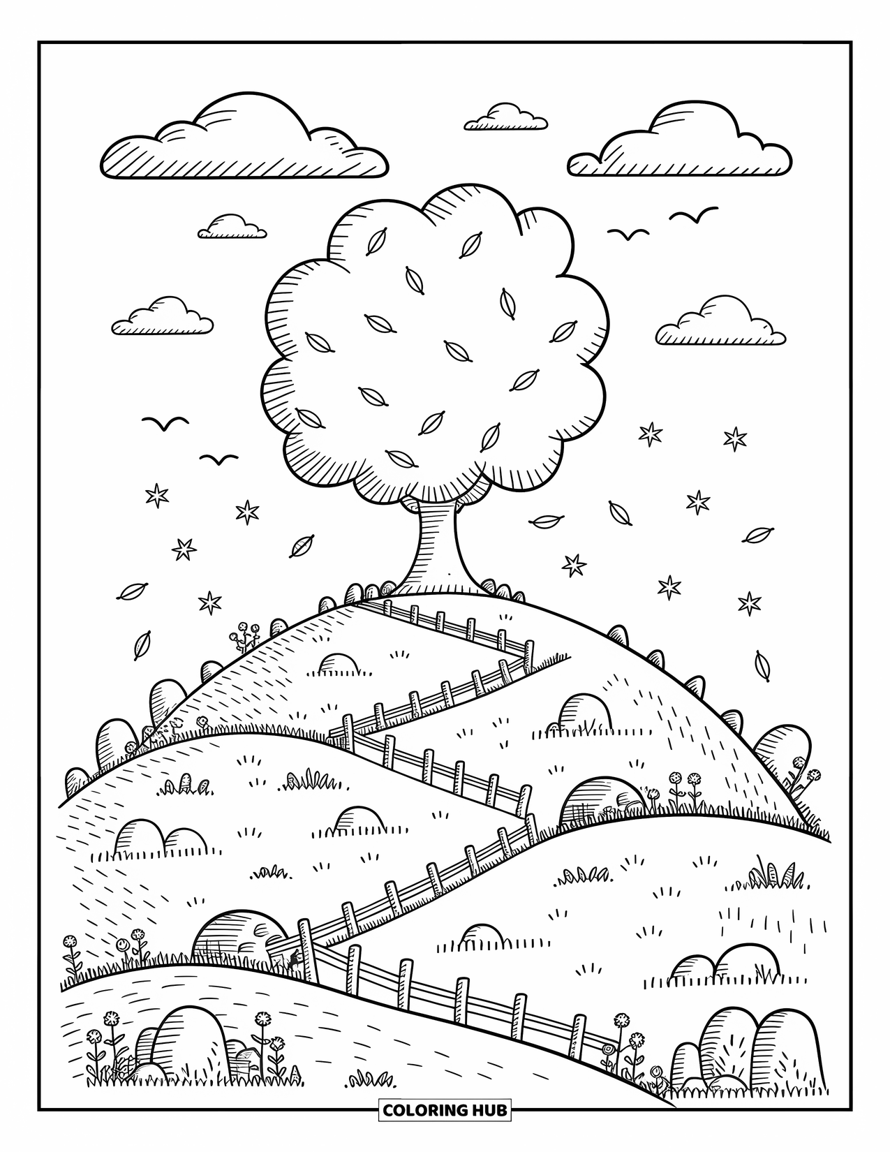 Fall Tree Coloring Page for Adults: Fall tree on a gentle hill with fences, leaf swirls, and fluffy clouds