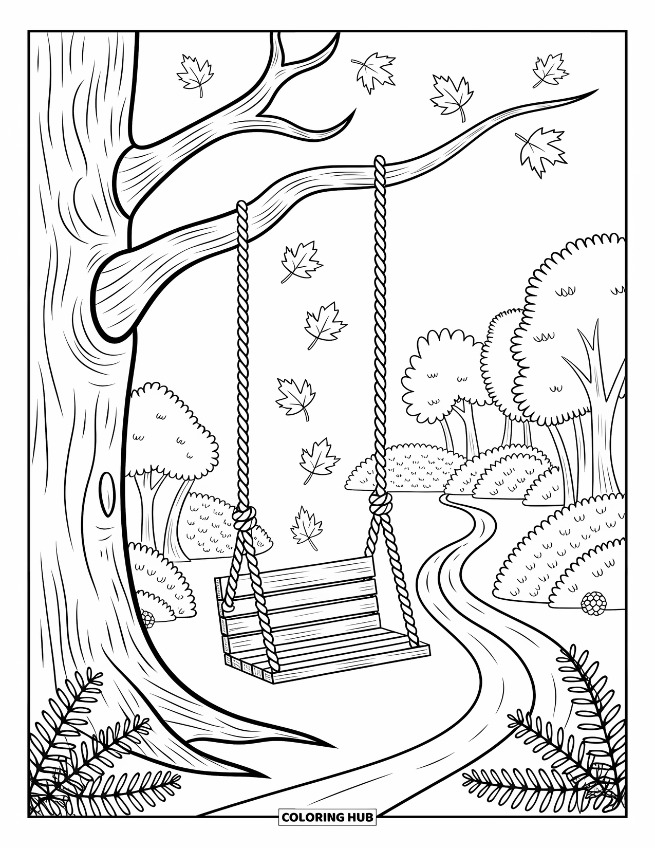Fall Tree Coloring Page for Adults: Rustic swing under a tall tree with scattered ferns and leaf-covered ground