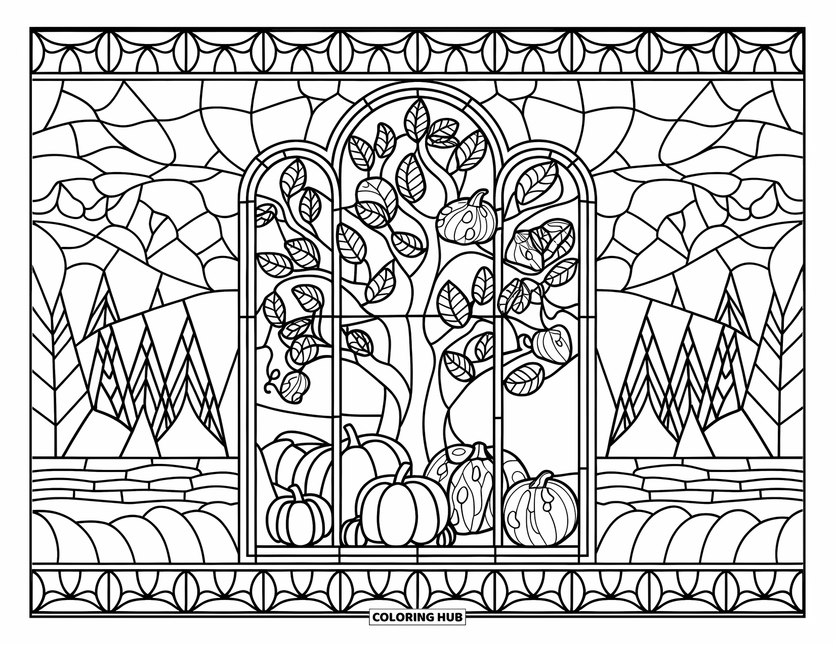 Fall Tree Coloring Page for Adults: Stained-glass window scene with a tree, pumpkins, lake, and a mountain bridge