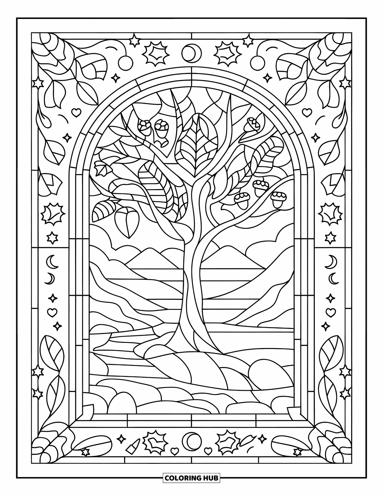 Fall Tree Coloring Page for Adults: Tree framed in acorns and leaves with stars, hearts, and a mountain trail