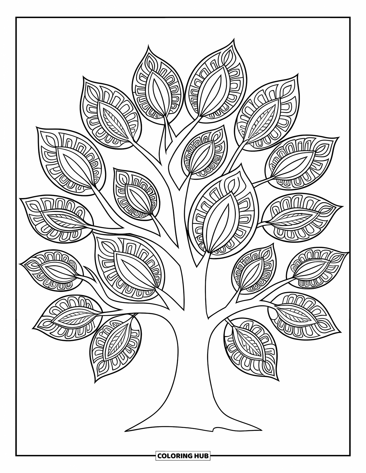 Fall Tree Coloring Page for Adults: Tree with mandala leaves expanding outward on a white background