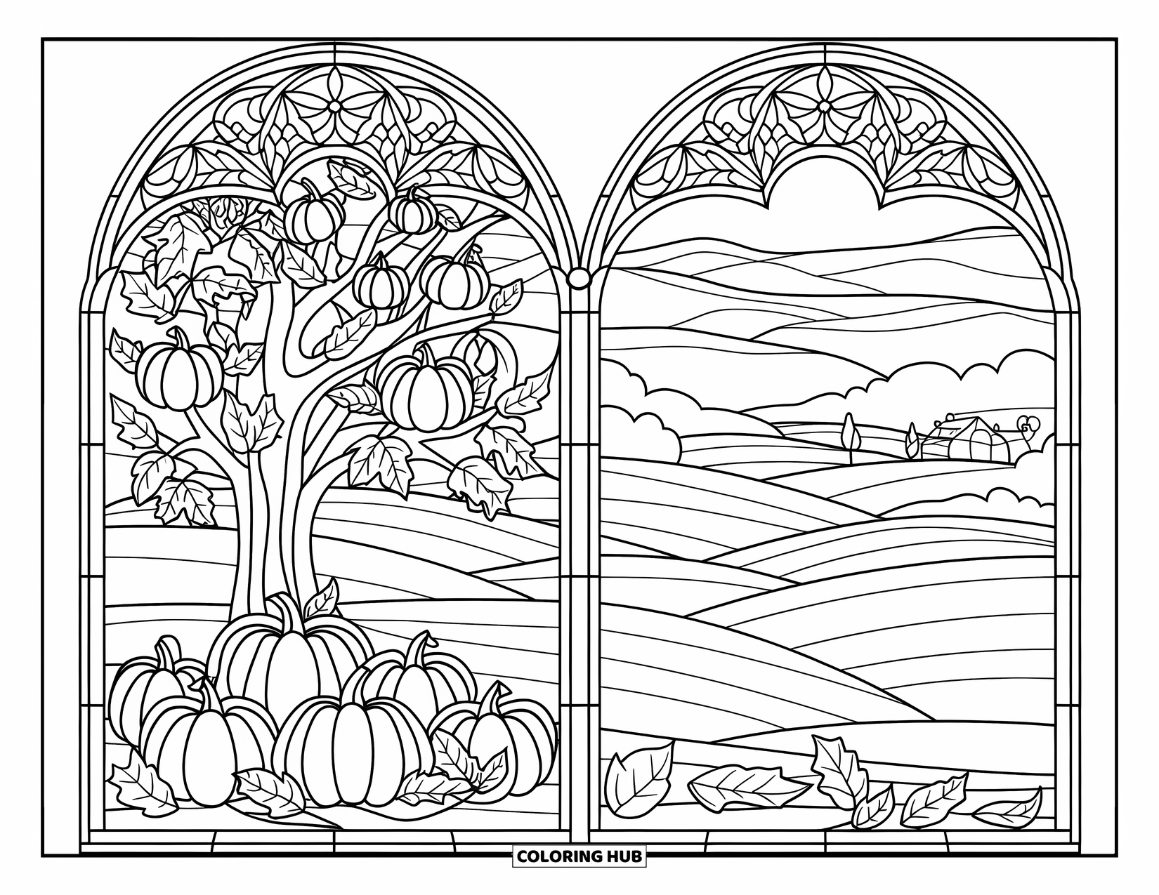 Fall Tree Coloring Page for Adults: Tree with pumpkins and leaves in a stained-glass window overlooking hills and village