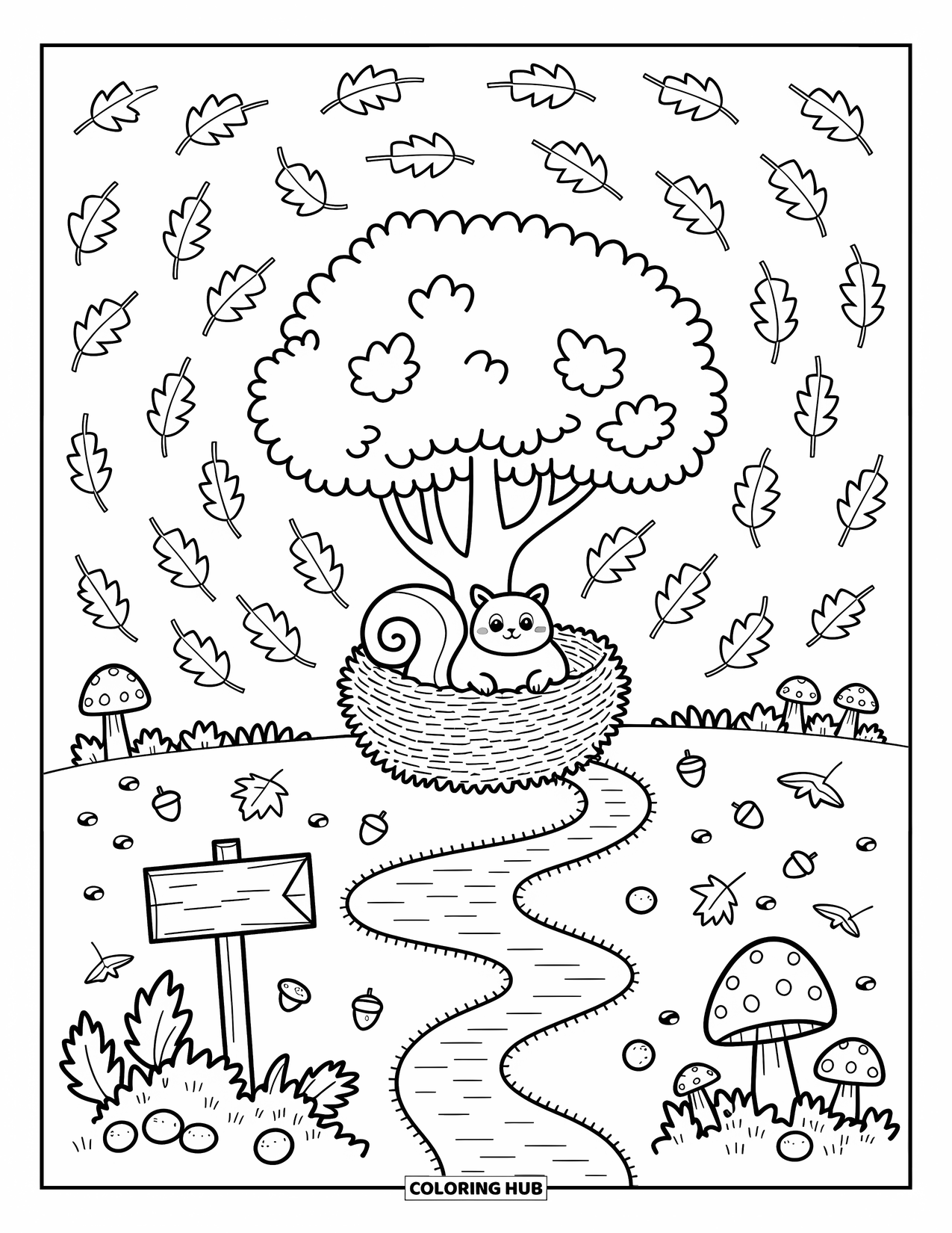 Fall Tree Coloring Page for Adults: Whimsical fall tree with swirling leaves, twigs, and a squirrel's cozy little nest