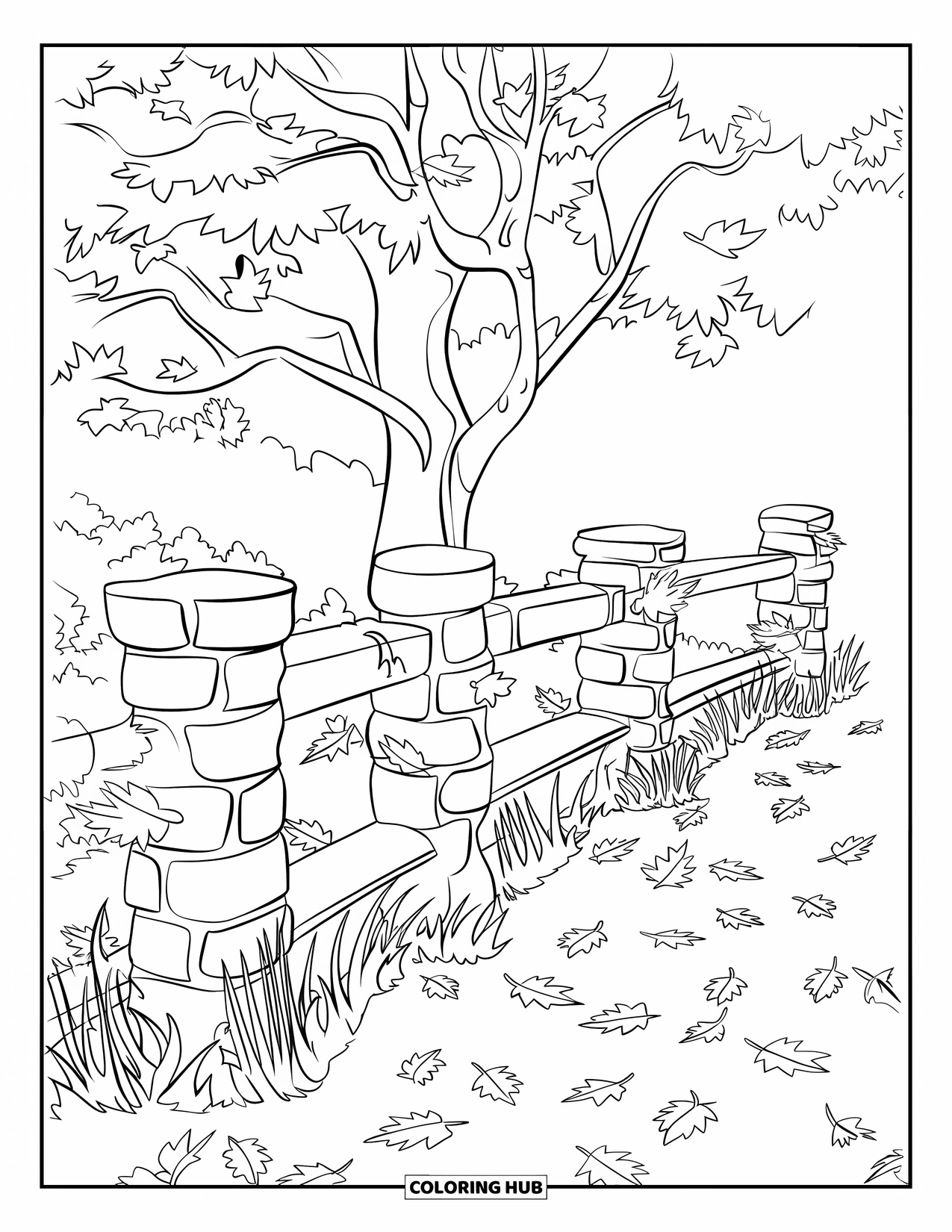 Fall Tree Coloring Page for Kids: Bright fall tree with stone fence and a ground full of leaves