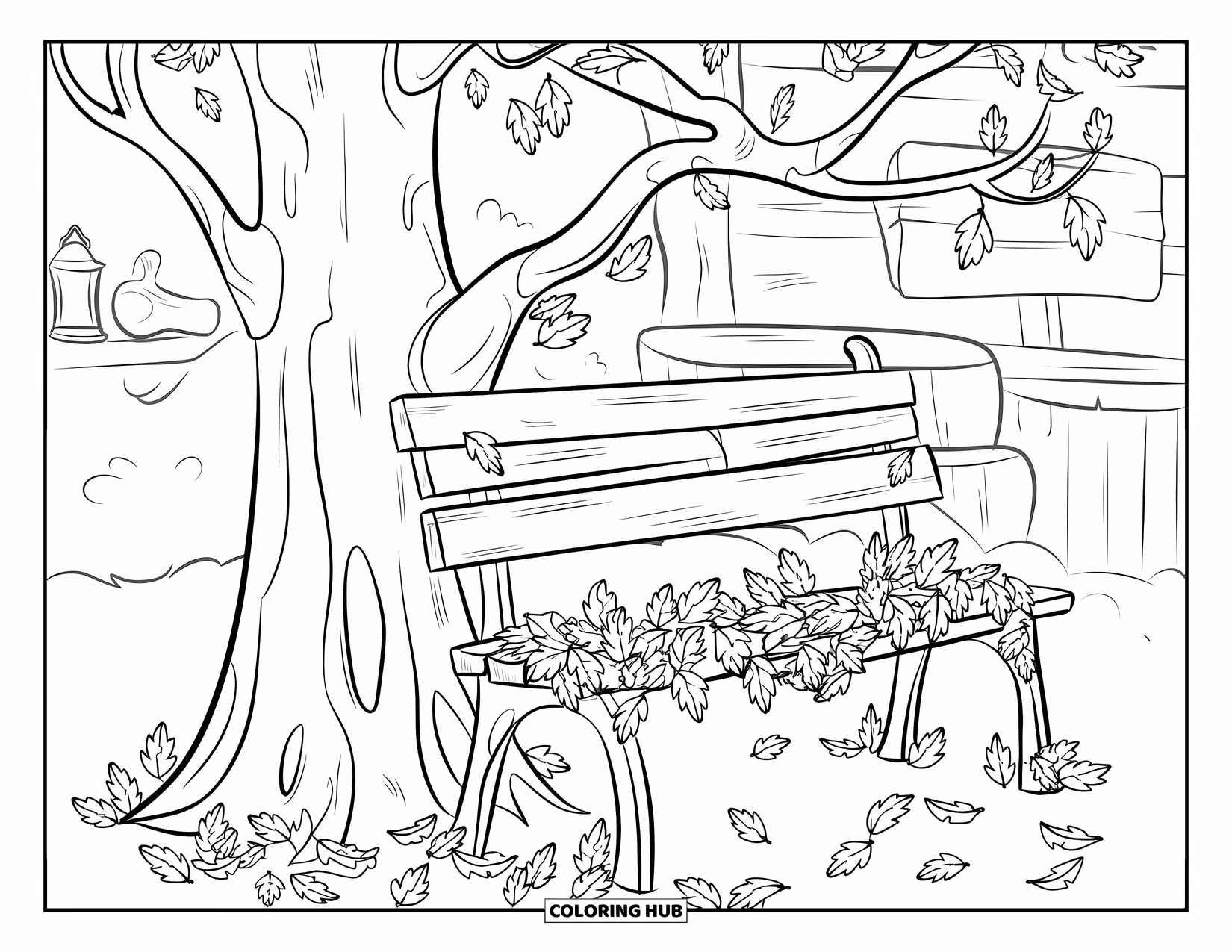 Fall Tree Coloring Page for Kids: Cozy tree and bench with scattered leaves and a lantern nearby