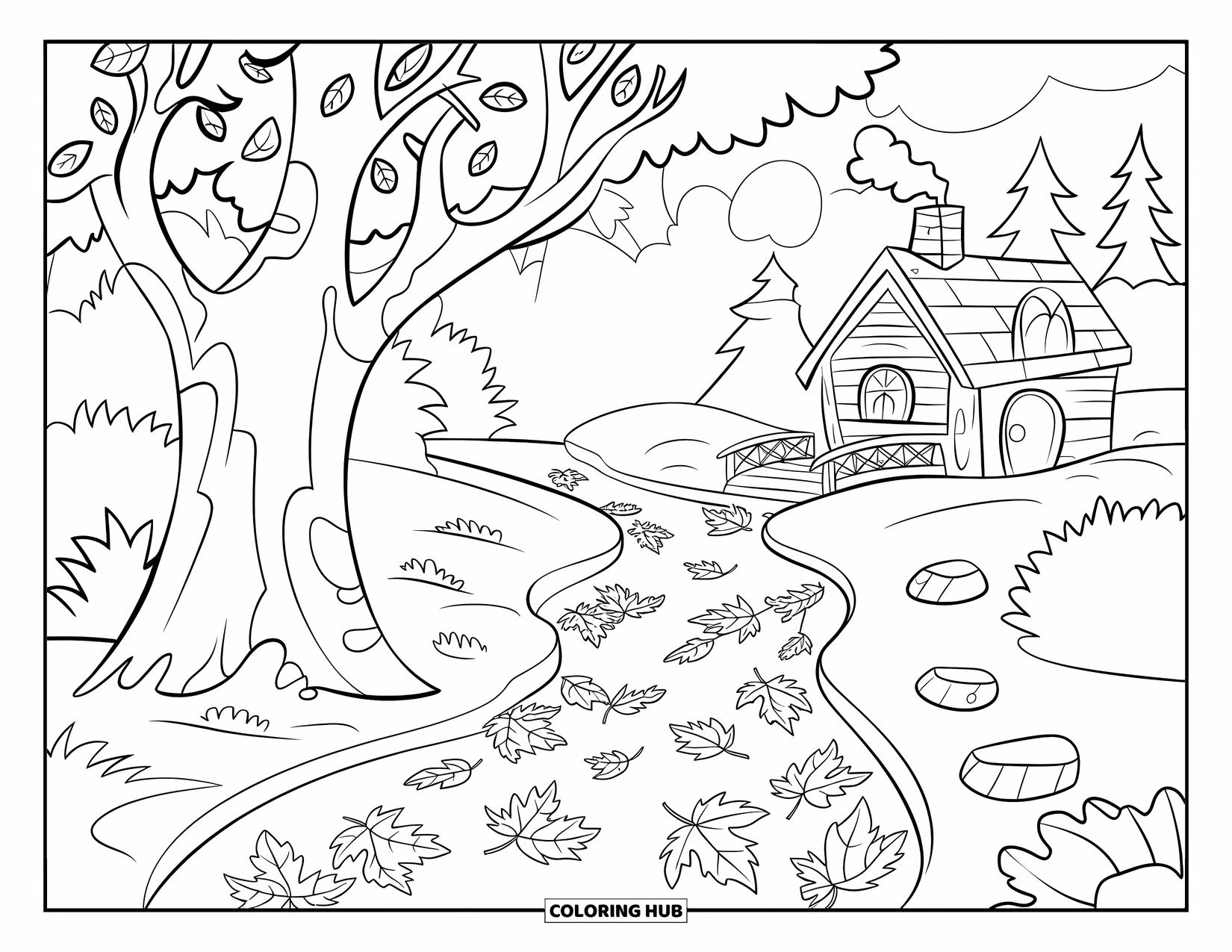 Fall Tree Coloring Page for Kids: Cozy tree with leaves in a stream near a cabin and bridge