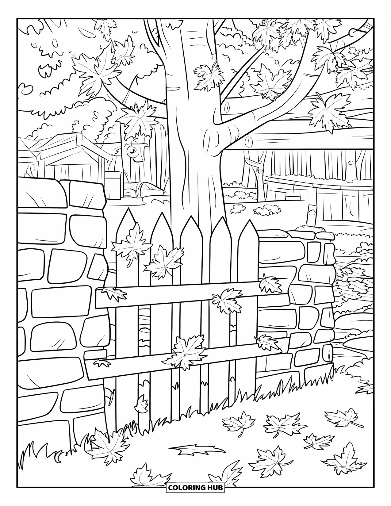 Fall Tree Coloring Page for Kids: Fall tree and old fence with cozy items nearby