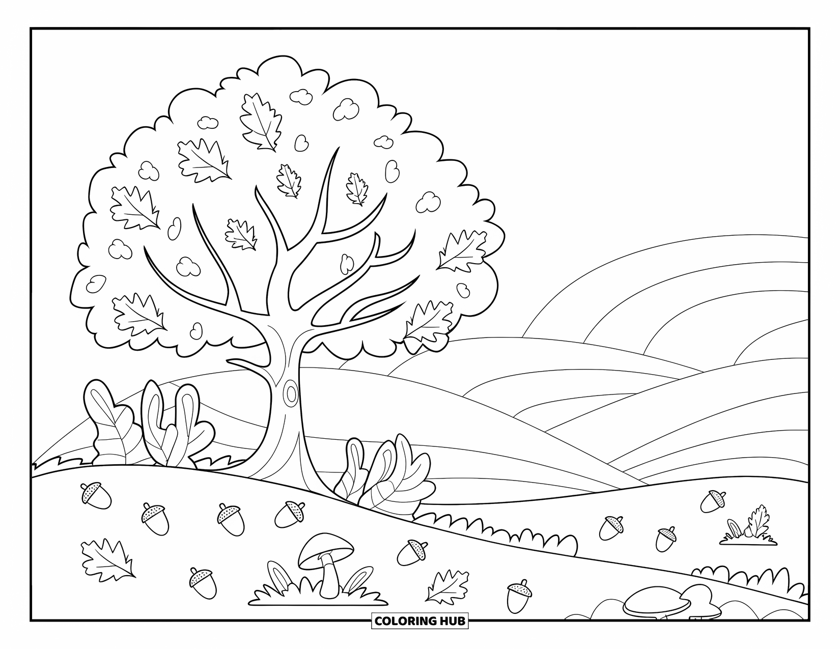 Fall Tree Coloring Page for Kids: Fall tree on a hilltop with acorns, mushrooms, and rolling hills