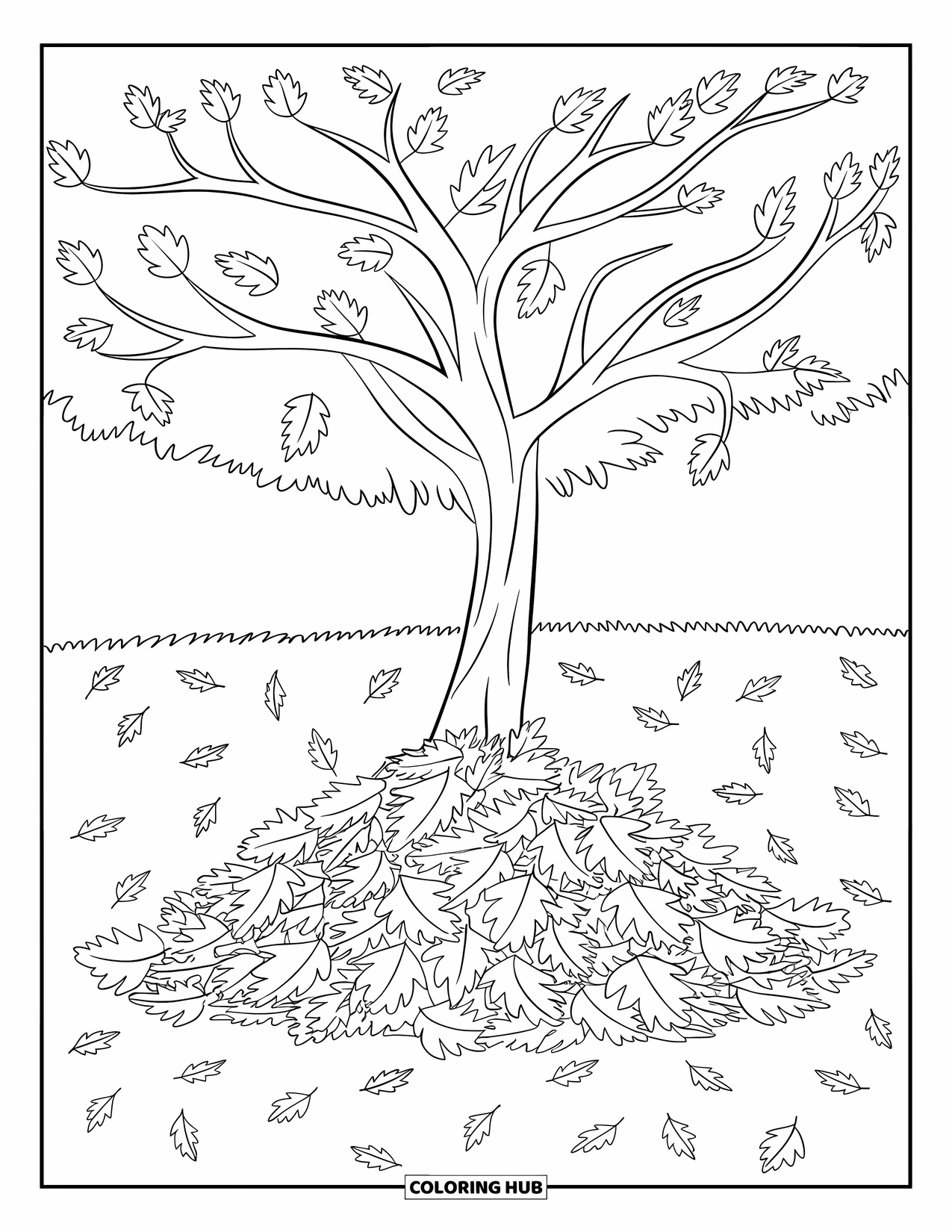 Fall Tree Coloring Page for Kids: Fall tree with leaf pile on grass and scattered leaves