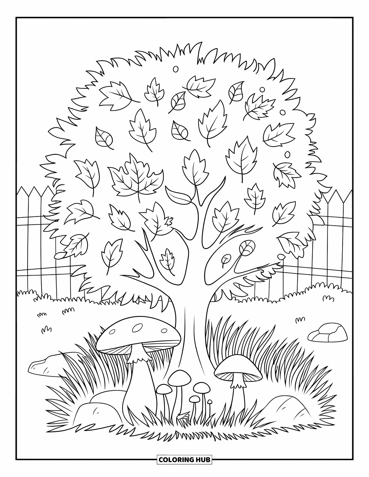 Fall Tree Coloring Page for Kids: Fall tree with mushrooms, grass, and a wooden fence scene