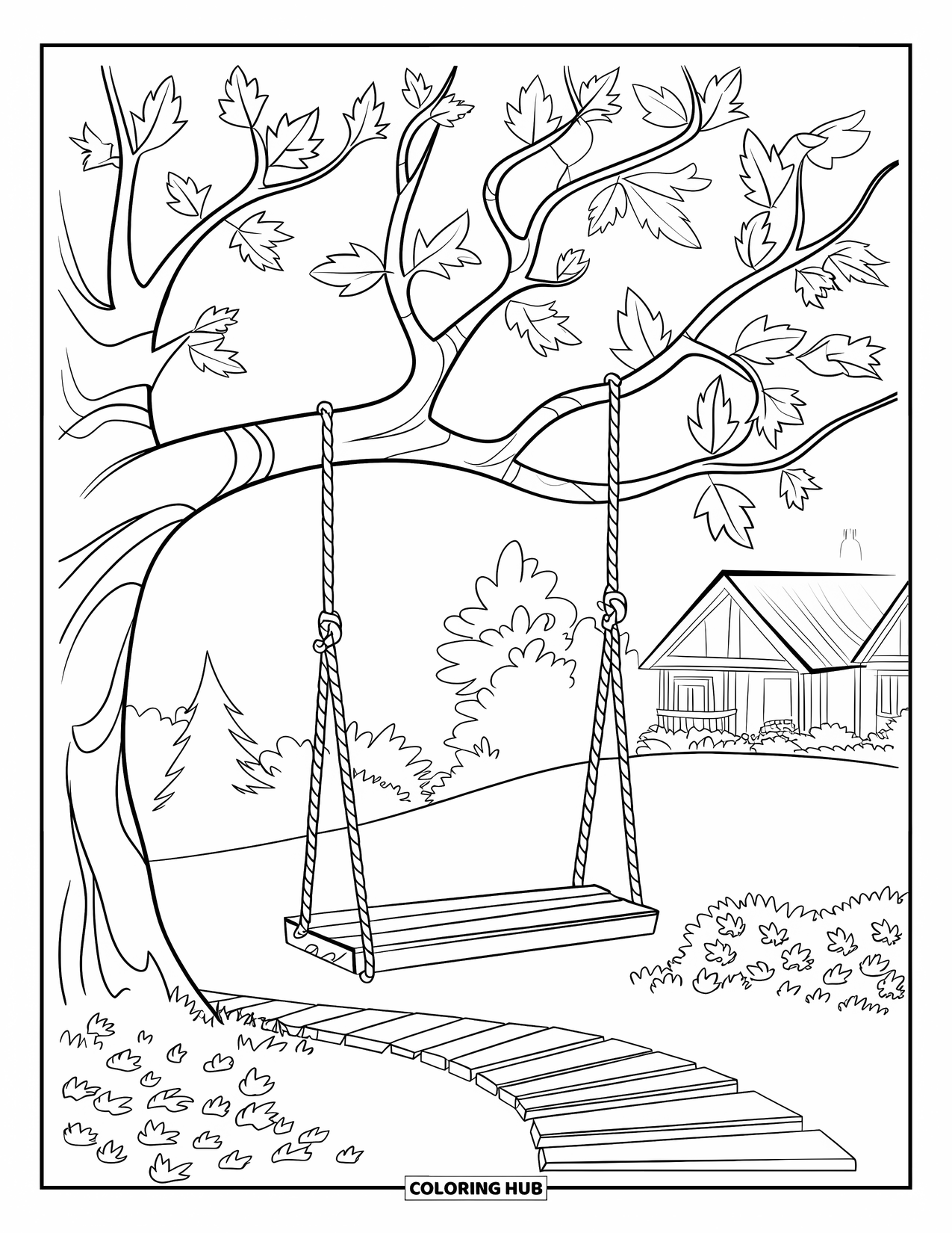 Fall Tree Coloring Page for Kids: Fall tree with swing, a cozy house, and wooden path nearby