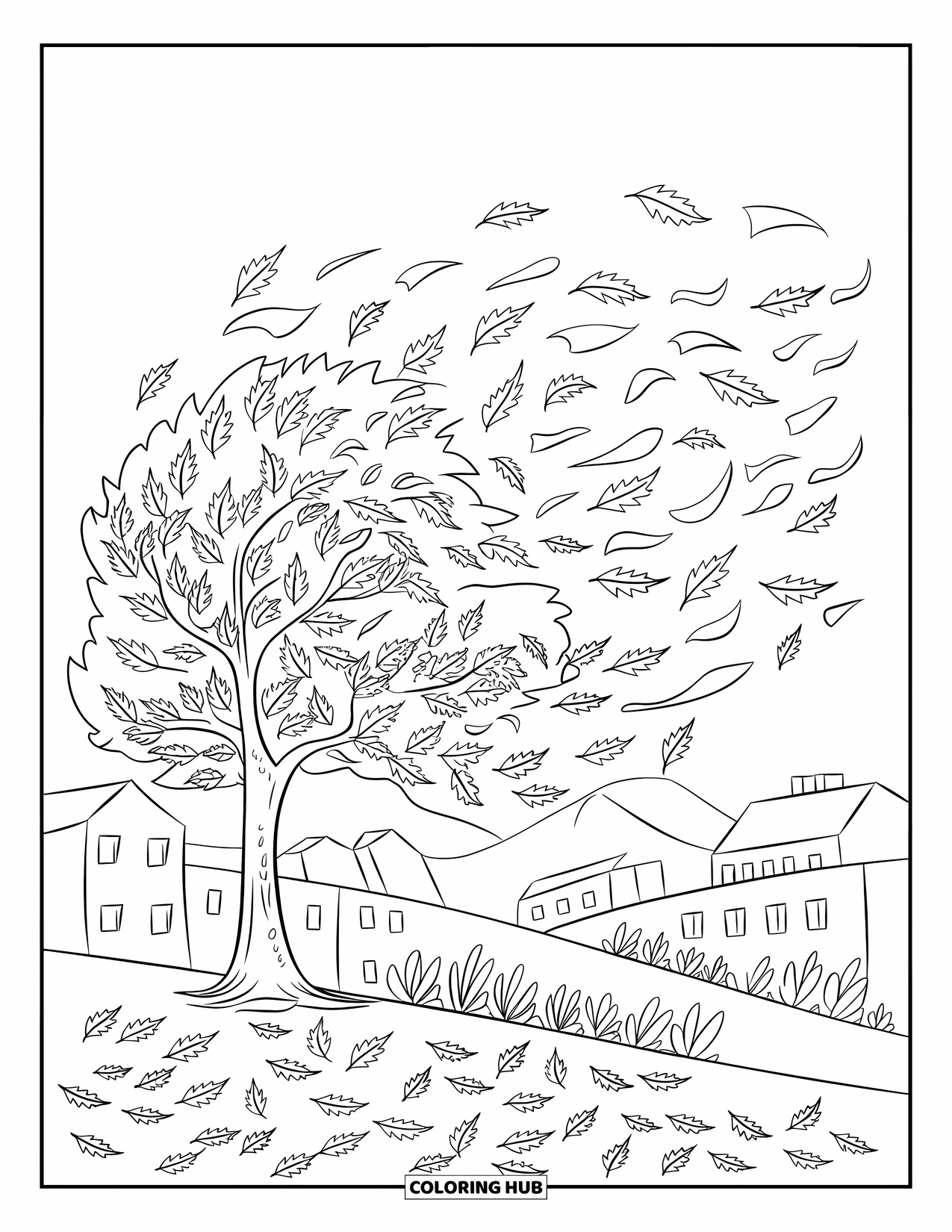 Fall Tree Coloring Page for Kids: Fall tree with swirling leaves and houses in the distance