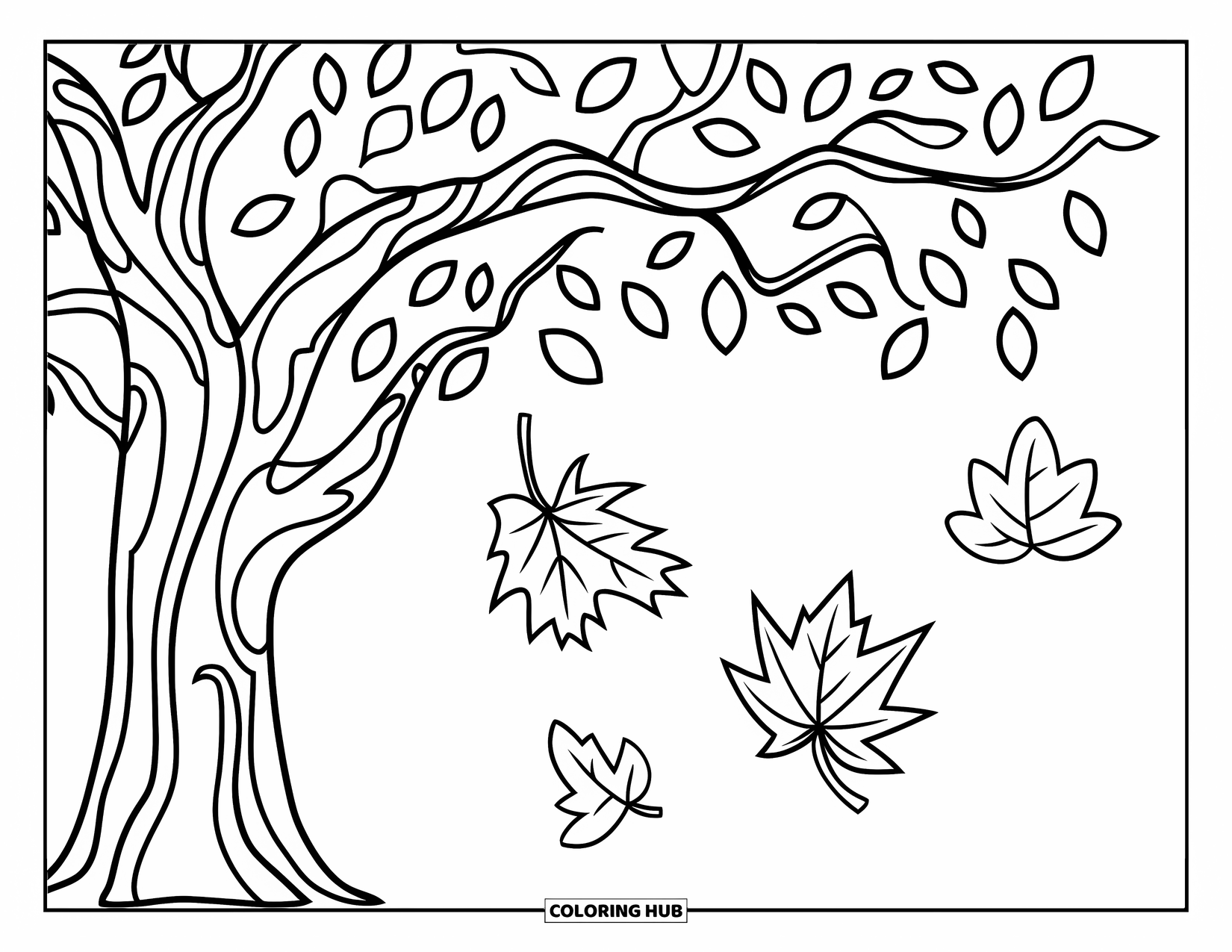 Fall Tree Coloring Page for Kids: Fall tree with three playful leaves floating in the air