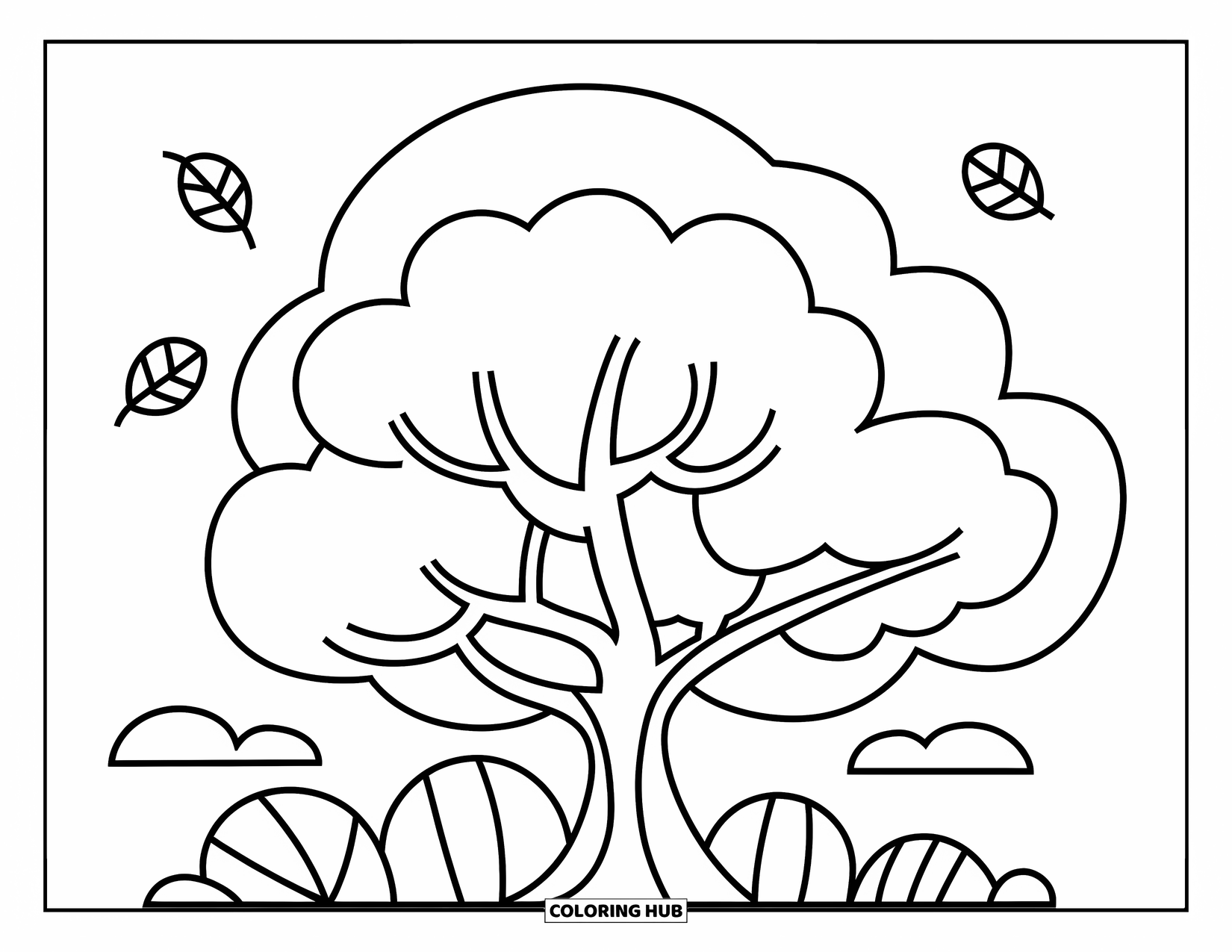 Fall Tree Coloring Page for Kids: Large fall tree with three leaves gently falling down