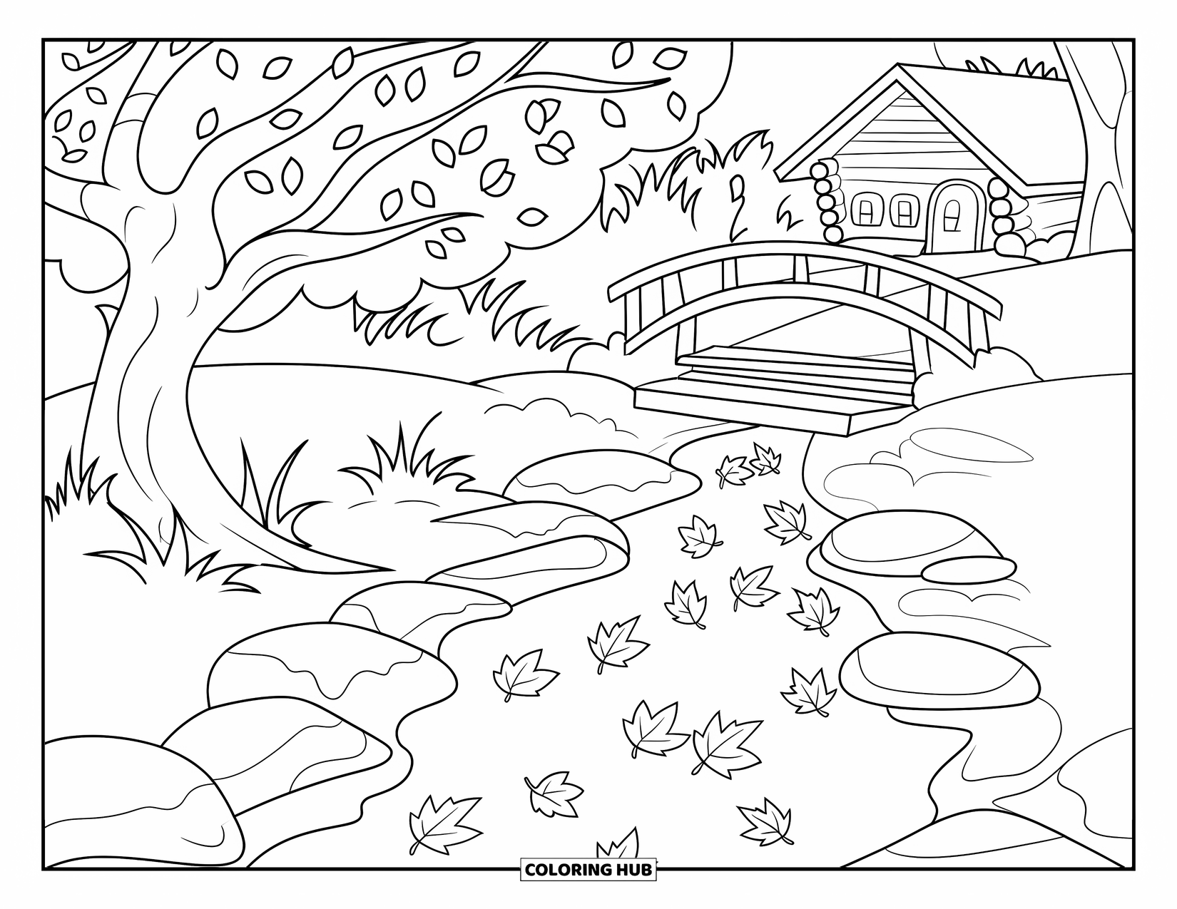Fall Tree Coloring Page for Kids: Leaves float down a stream beside a cozy fall tree
