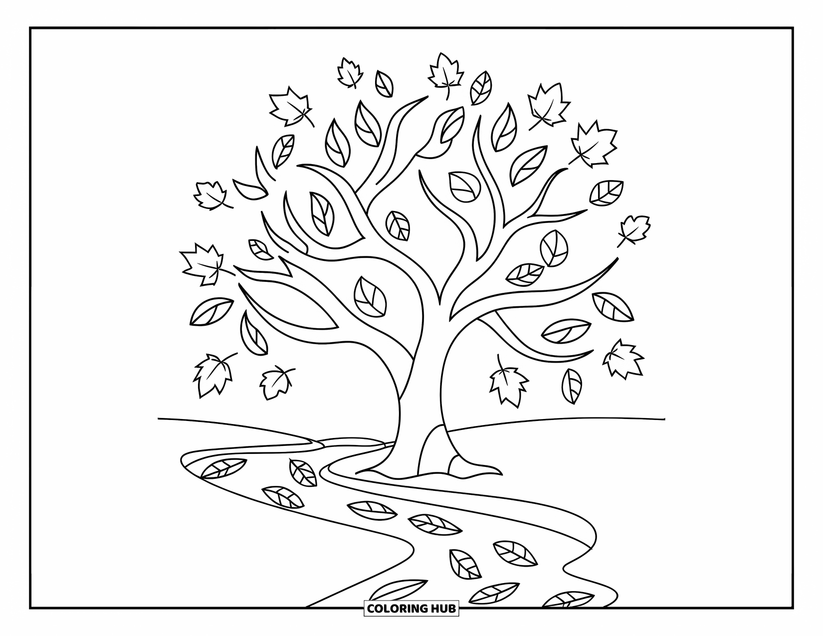 Fall Tree Coloring Page for Kids: Leaves float in a stream beside a tree with a plain backdrop