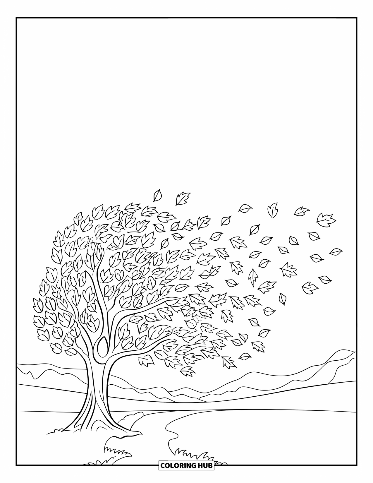Fall Tree Coloring Page for Kids: Leaves swirl around a cozy tree with mountain views