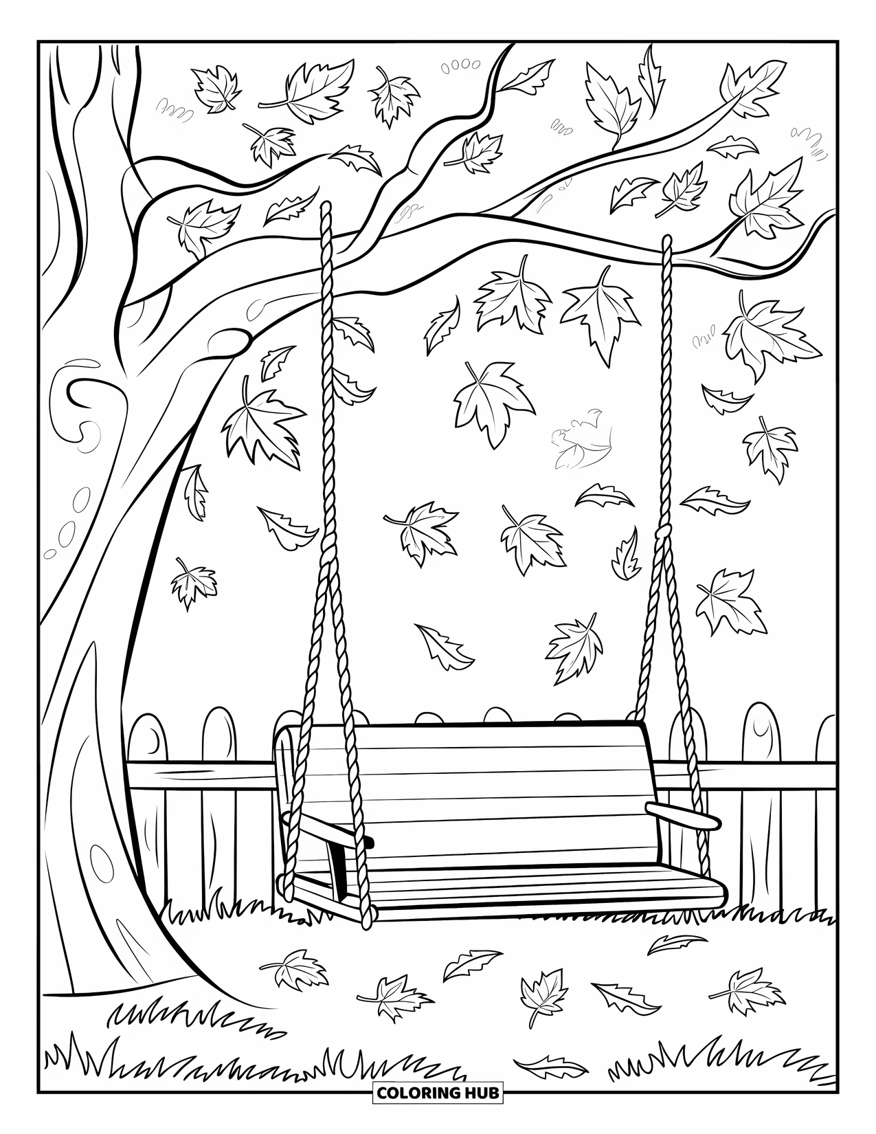 Fall Tree Coloring Page for Kids: Swing hanging from a fall tree surrounded by drifting leaves