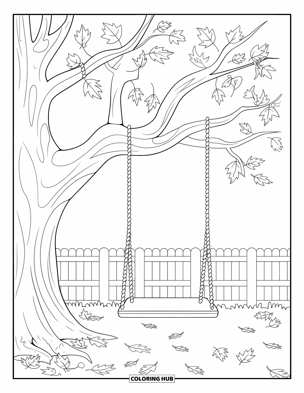 Fall Tree Coloring Page for Kids: Swing hanging from a fall tree with scattered leaves below