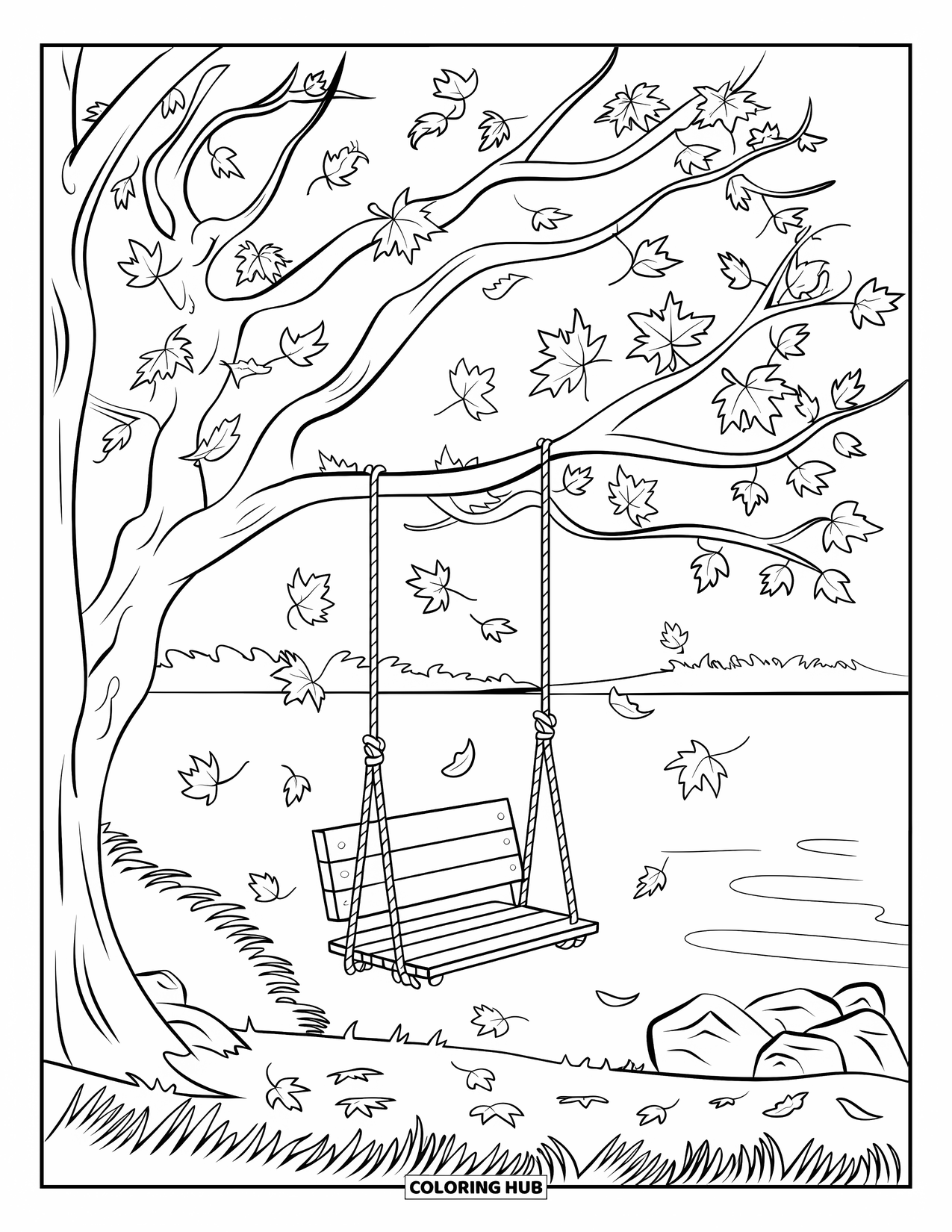 Fall Tree Coloring Page for Kids: Swing on a tree beside a calm lake and scattered leaves