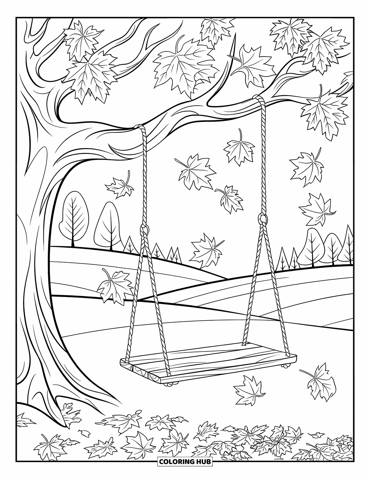 Fall Tree Coloring Page for Kids: Swing under a fall tree with cozy hills and leafy ground