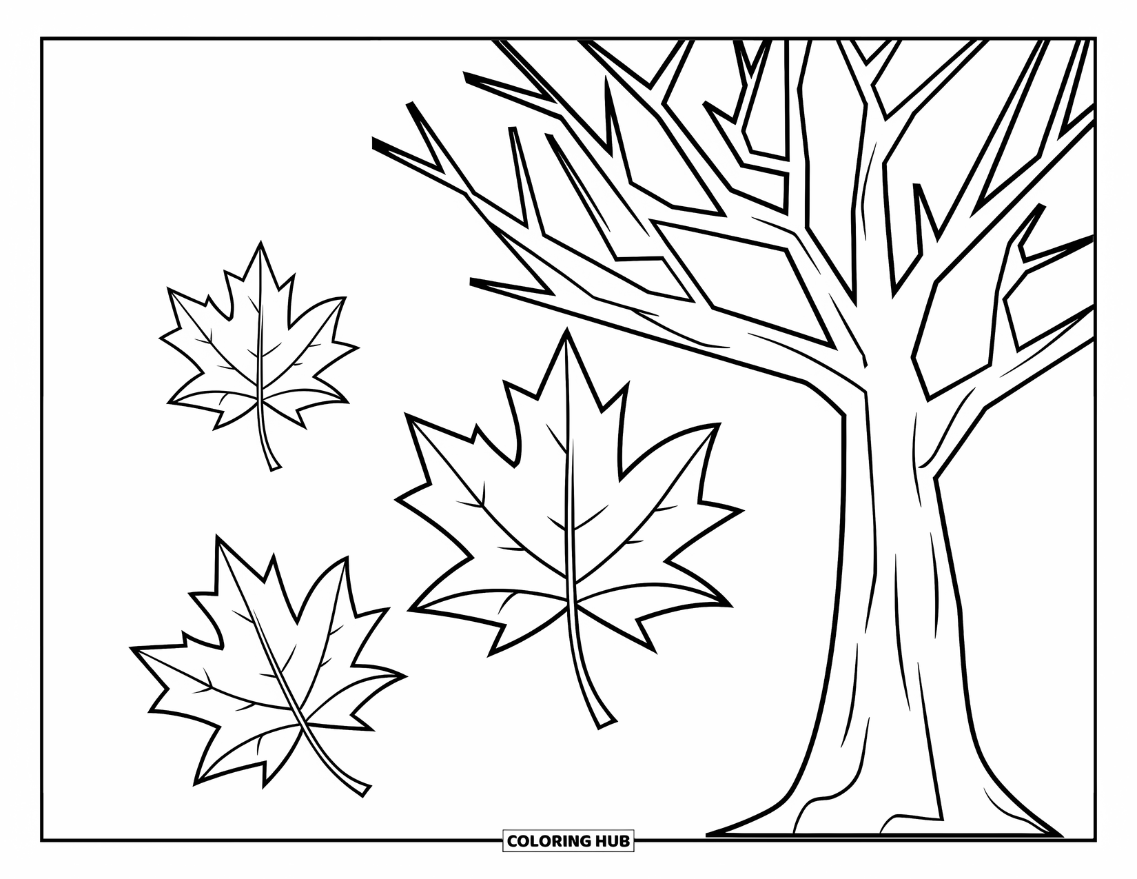 Fall Tree Coloring Page for Kids: Three leaves fall from a big tree with bare branches