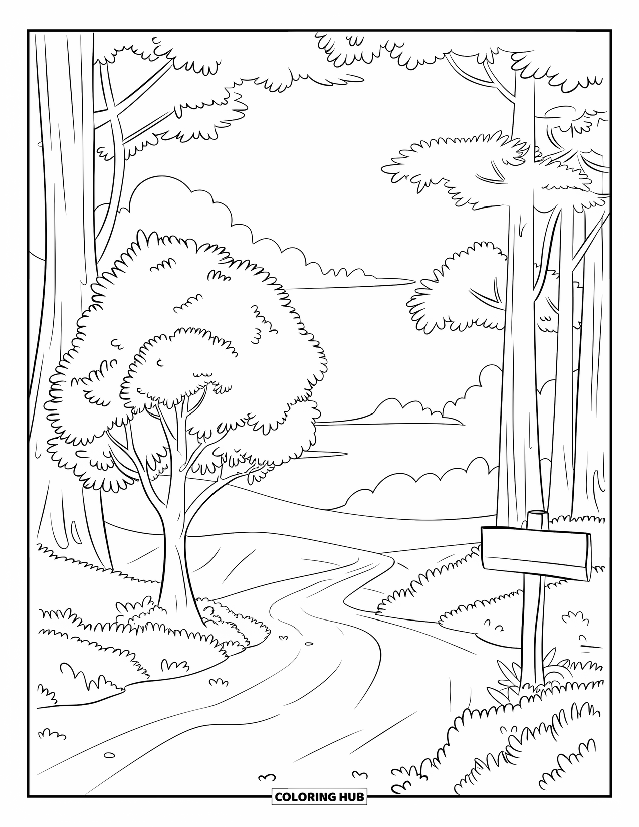 Fall Tree Coloring Page for Kids: Tree at a forest trail with clouds, trees, and a signpost