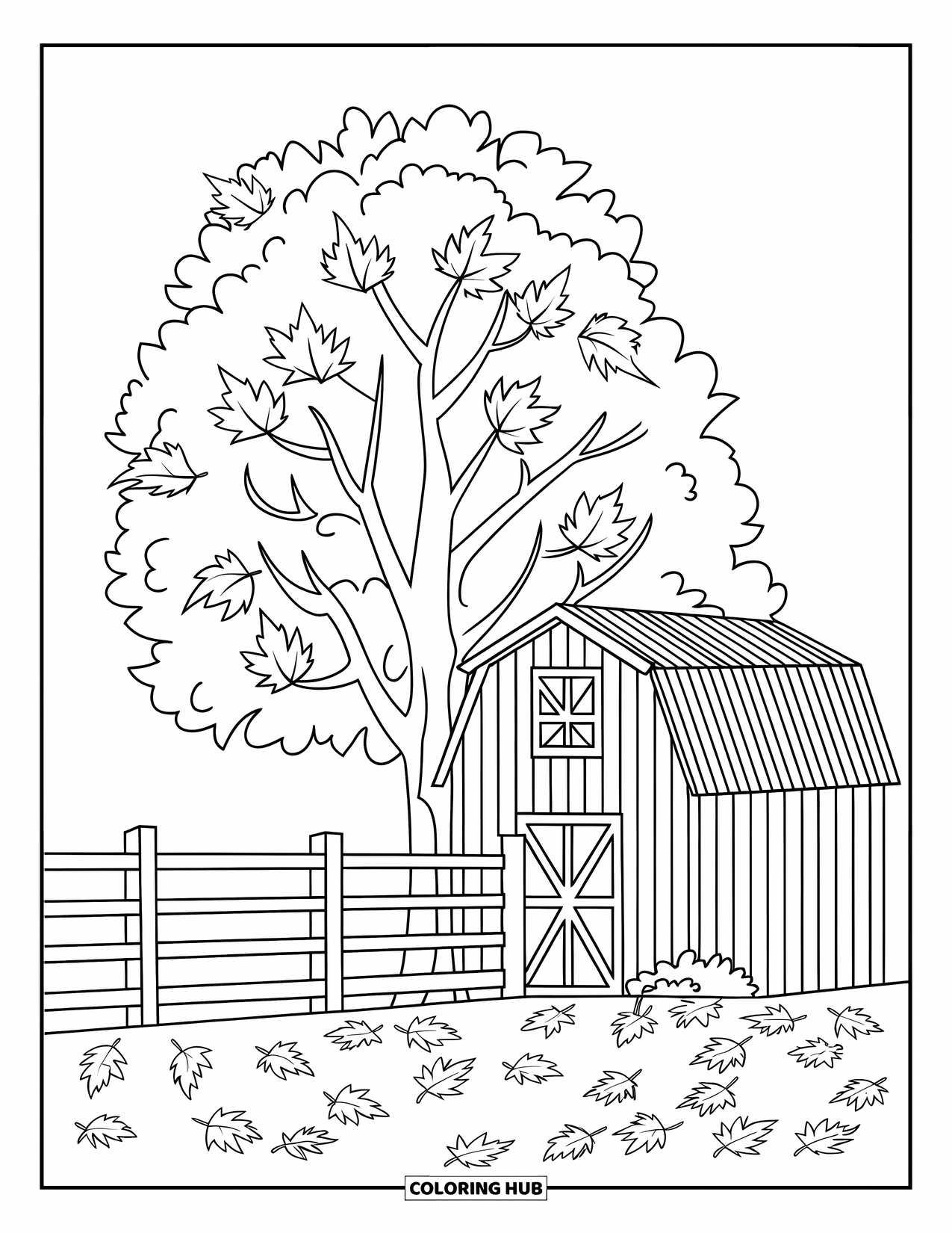 Fall Tree Coloring Page for Kids: Tree beside a barn and fence with scattered fall leaves