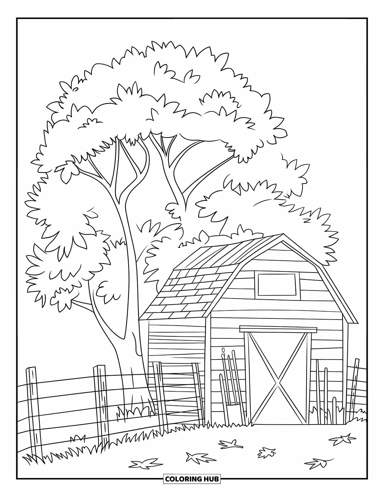 Fall Tree Coloring Page for Kids: Tree beside a barn with tools, fence, and fallen leaves
