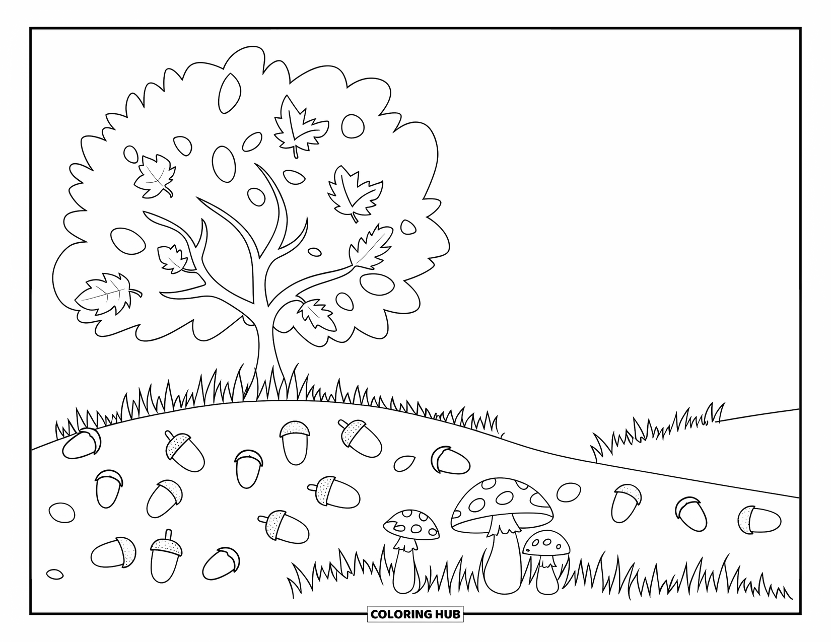 Fall Tree Coloring Page for Kids: Tree on a hill with scattered acorns and mushrooms at its base