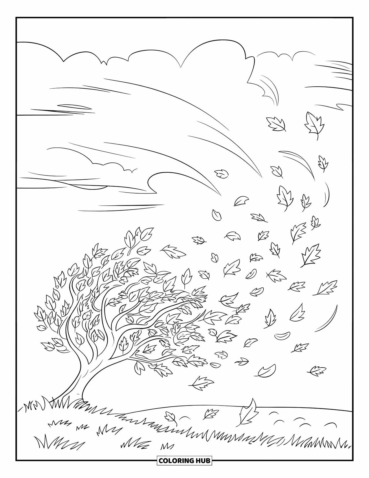 Fall Tree Coloring Page for Kids: Tree on grassy ground with swirling leaves and cloudy sky