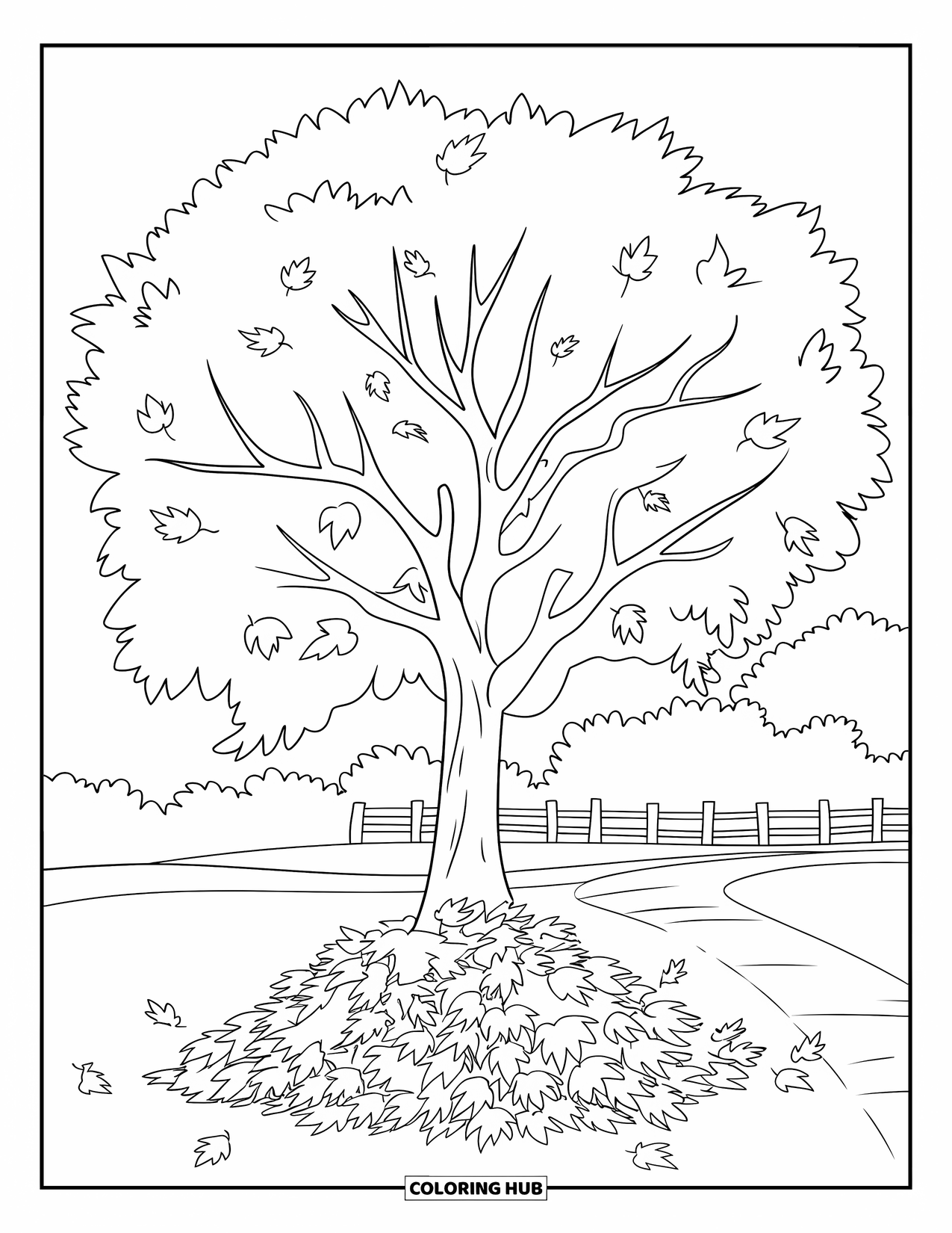 Fall Tree Coloring Page for Kids: Tree with a leaf pile and a wooden fence behind