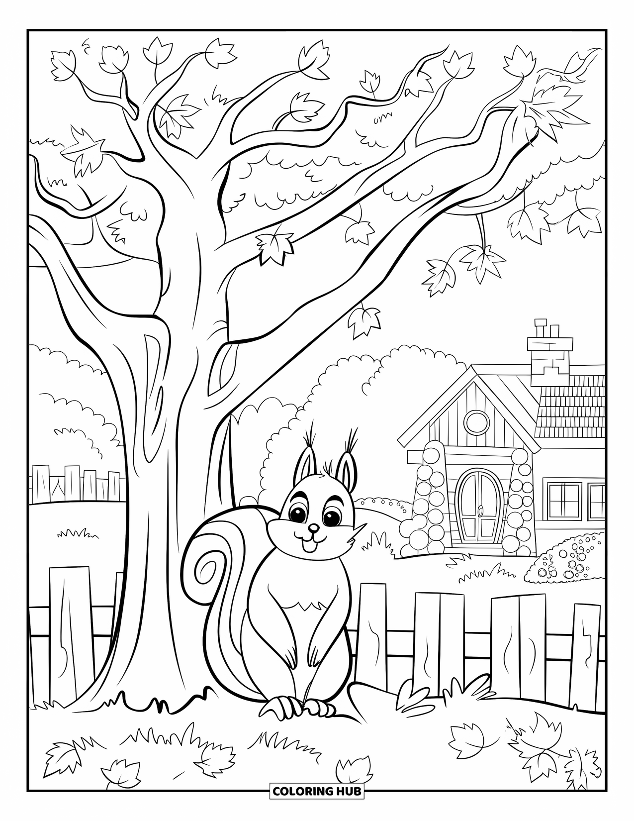 Fall Tree Coloring Page for Kids: Tree with a squirrel near the trunk and cozy house behind