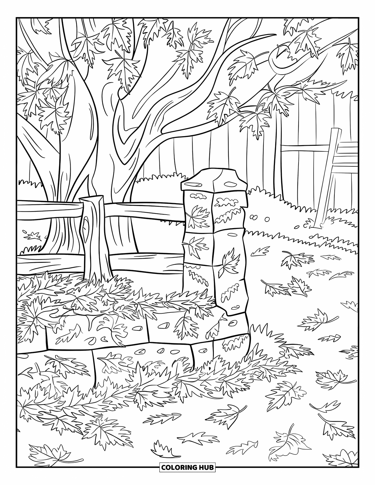 Fall Tree Coloring Page for Kids: Tree with a stone fence, deep leaves, and a wooden ladder scene